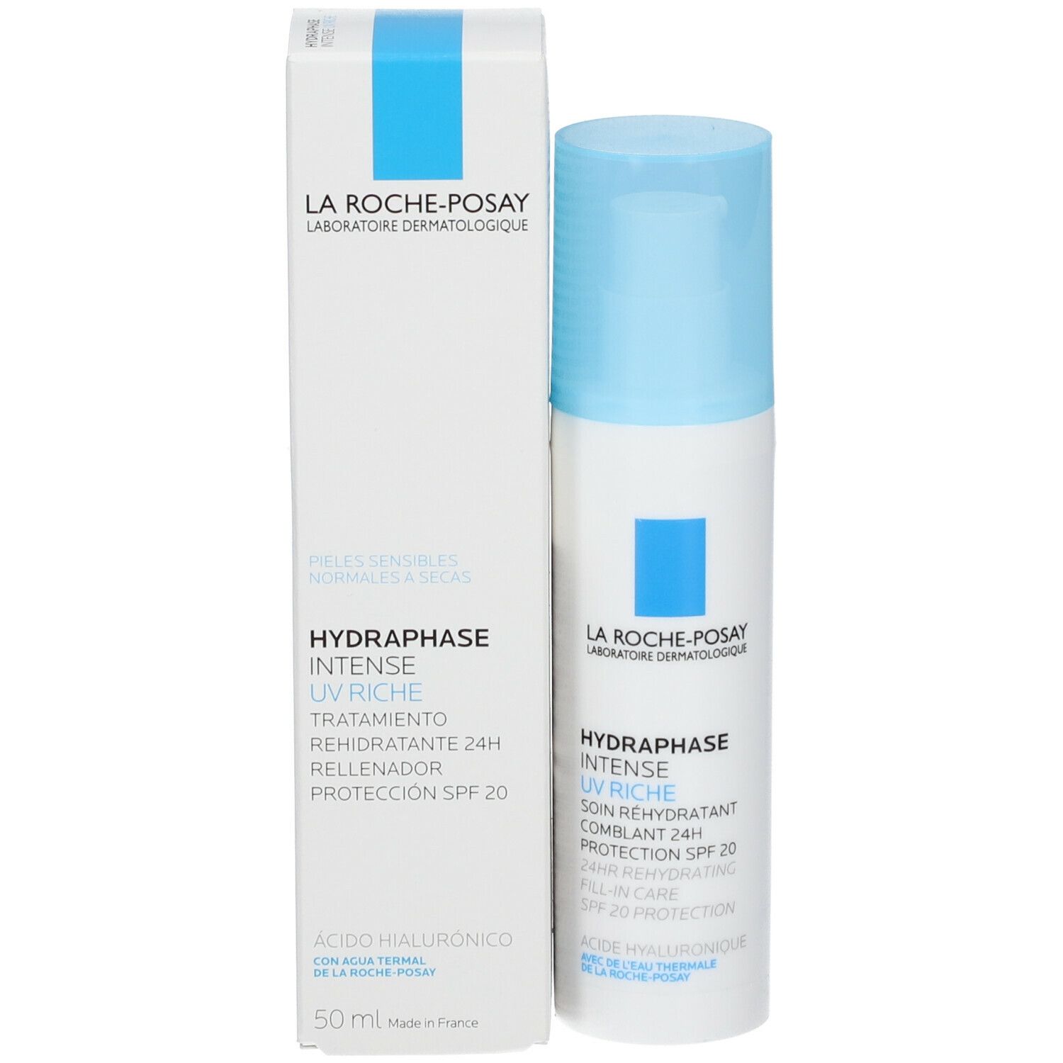 Flasche und Verpackung. Verpackung: weiß mit blauem Streifen. Aufschrift: HYDRAPHASE UV RICHE, SPF 20, 50 ml.