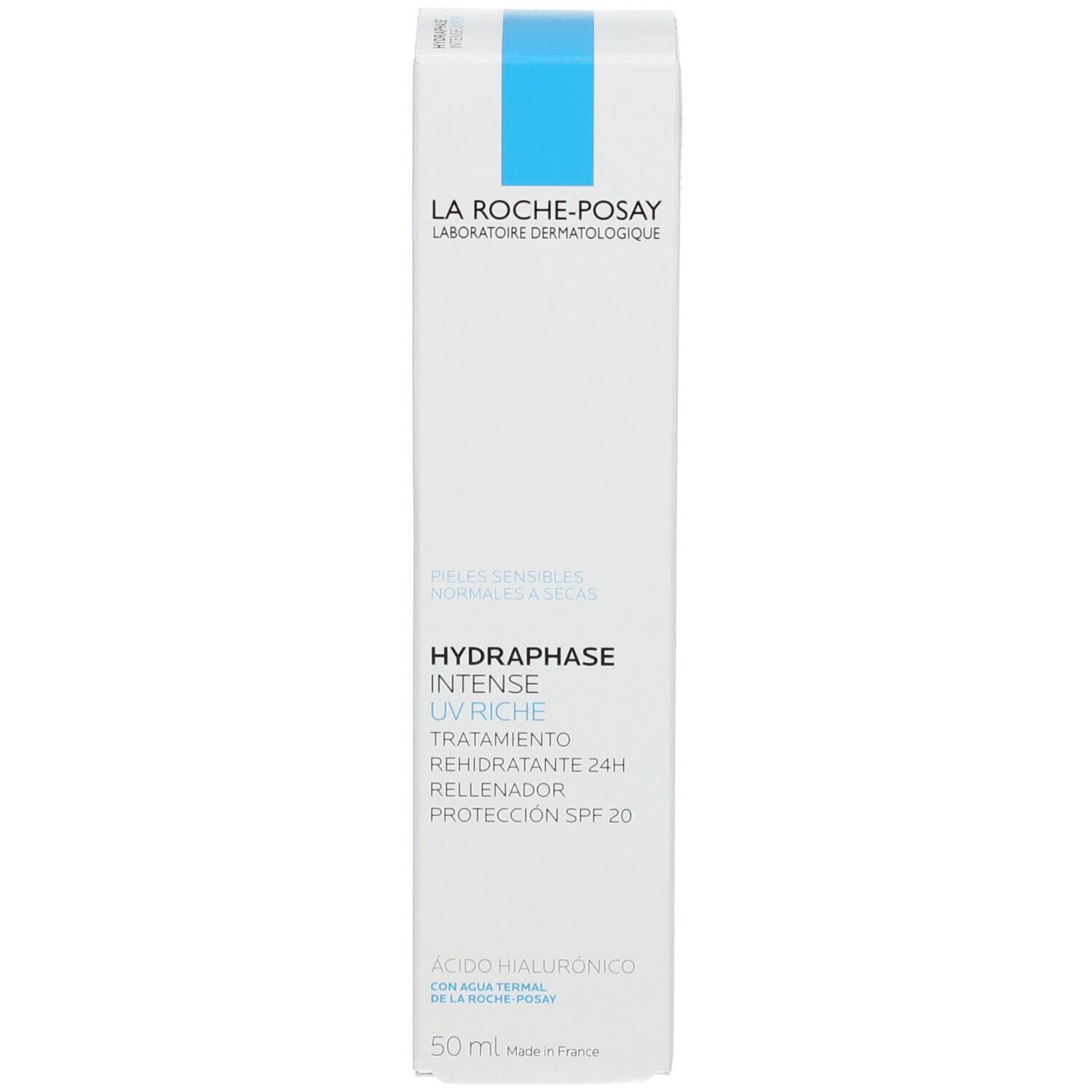 Weiße Verpackung mit blauem Streifen. Aufschrift: HYDRAPHASE UV RICHE, SPF 20. Für normale bis trockene Haut.