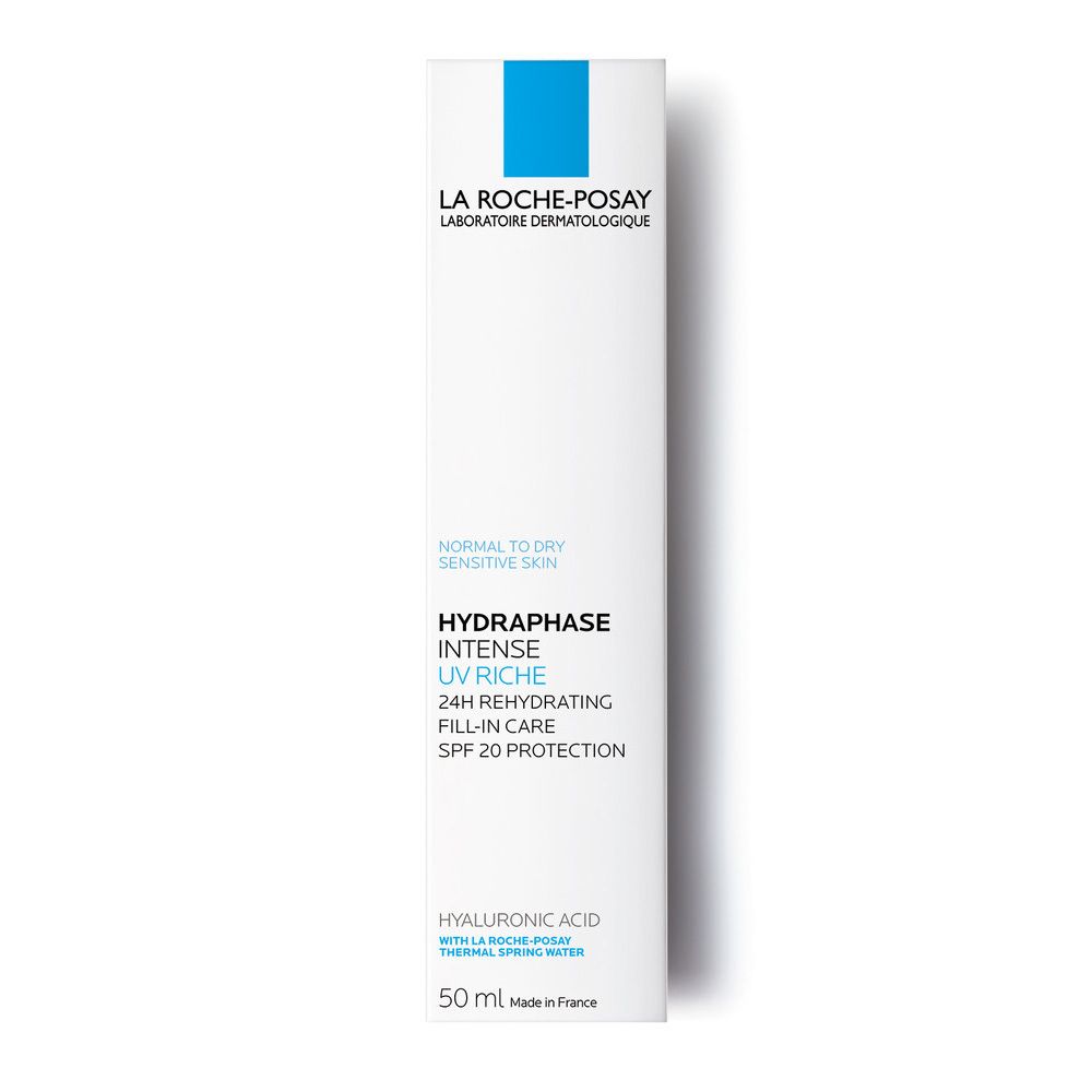 Weiße Verpackung mit blauem Streifen. Aufschrift: HYDRAPHASE UV RICHE, SPF 20, 50 ml. Für normale bis trockene Haut.