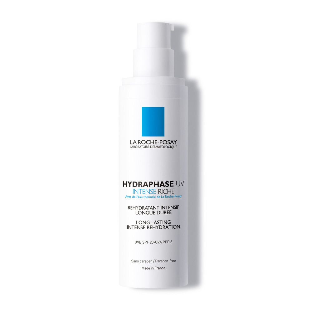 Weiße Flasche mit Pumpkopf und blauem Quadrat. Aufschrift: HYDRAPHASE UV INTENSE RICHE, SPF 20. Ohne Paraben.