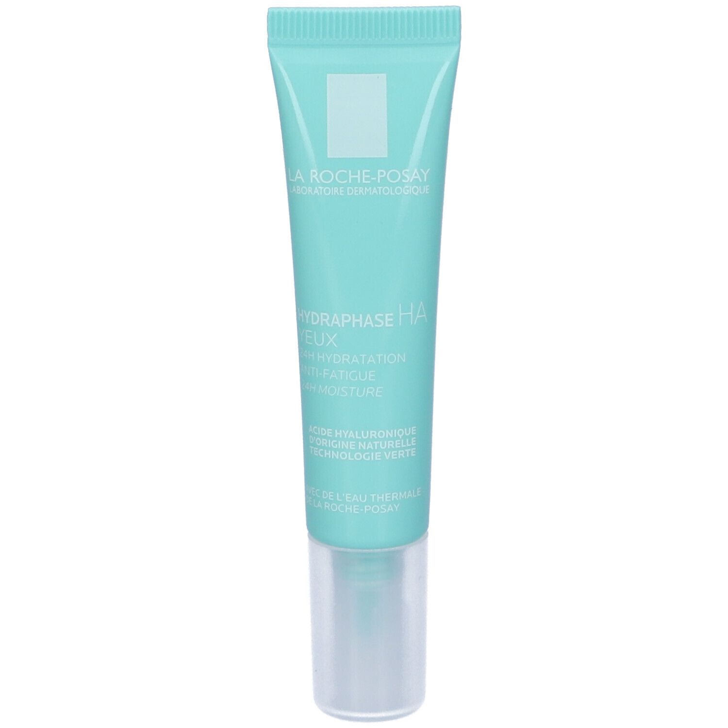 Tubo turchese con tappo bianco. Scritta: La Roche-Posay, Hydraphase HA Yeux. 14 g.
