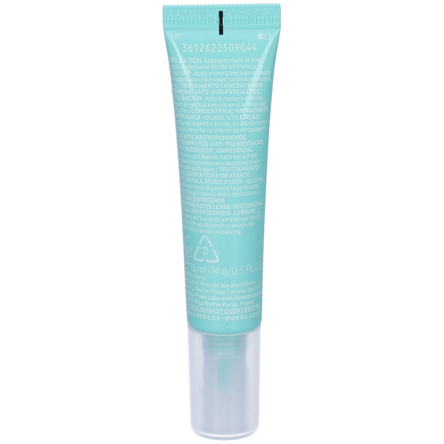 Confezione e tubo. Scritta: La Roche-Posay, Hydraphase HA Yeux. 15 ml. Con Aqua Thermalis.