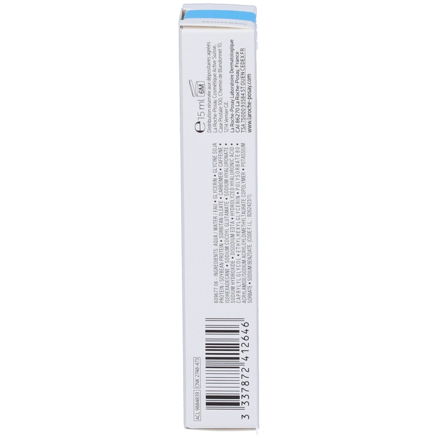 Confezione bianca con marchio blu. Scritta: La Roche-Posay, Hydraphase HA Yeux. 15 ml. Lato.