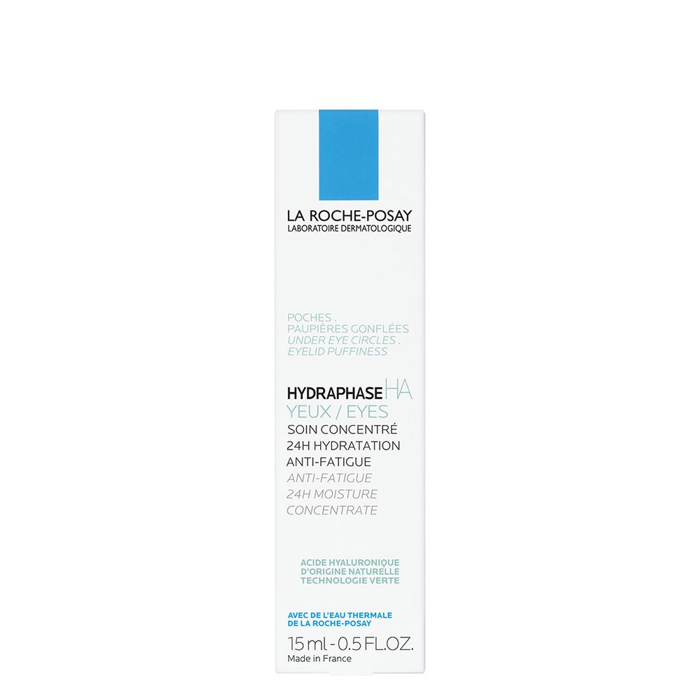 Confezione bianca con marchio blu. Scritta: La Roche-Posay, Hydraphase HA Yeux. 15 ml.