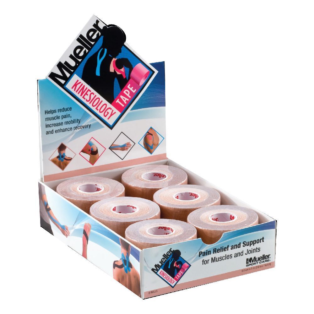 Espositore con rotoli di nastro kinesio. Stampa: Mueller Kinesiology Tape. Sei rotoli di nastro nell'espositore.