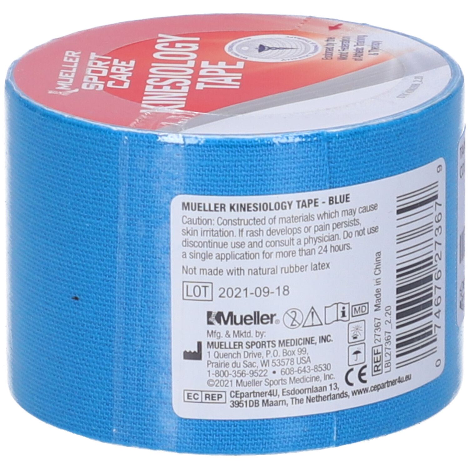 Rotolo di nastro kinesio blu. Stampa: Mueller Kinesiology Tape - Blue. Etichetta con informazioni e numero di lotto.