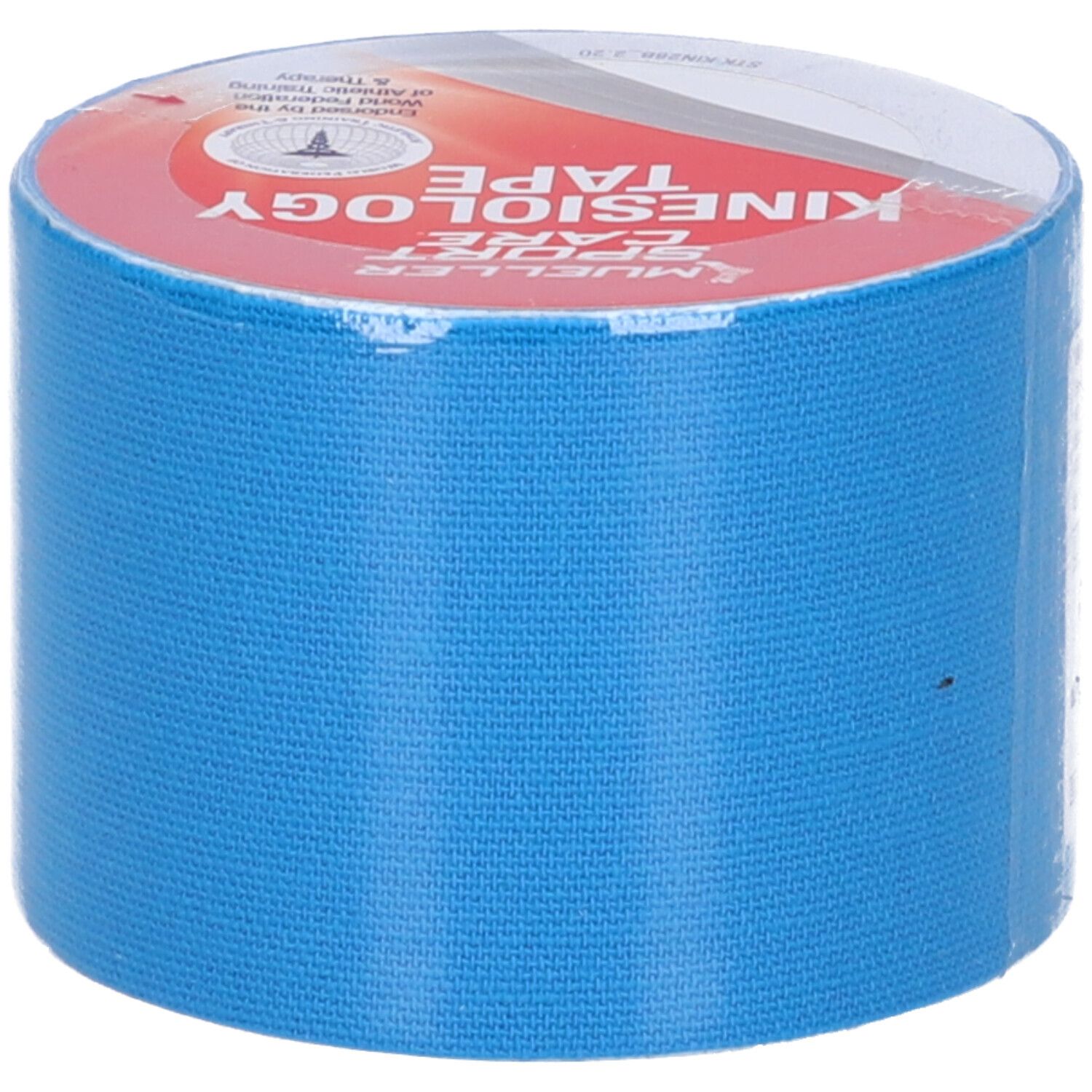 Rotolo di nastro kinesio blu. Stampa: Mueller Sport Care Kinesiology Tape. Prodotto confezionato in pellicola.