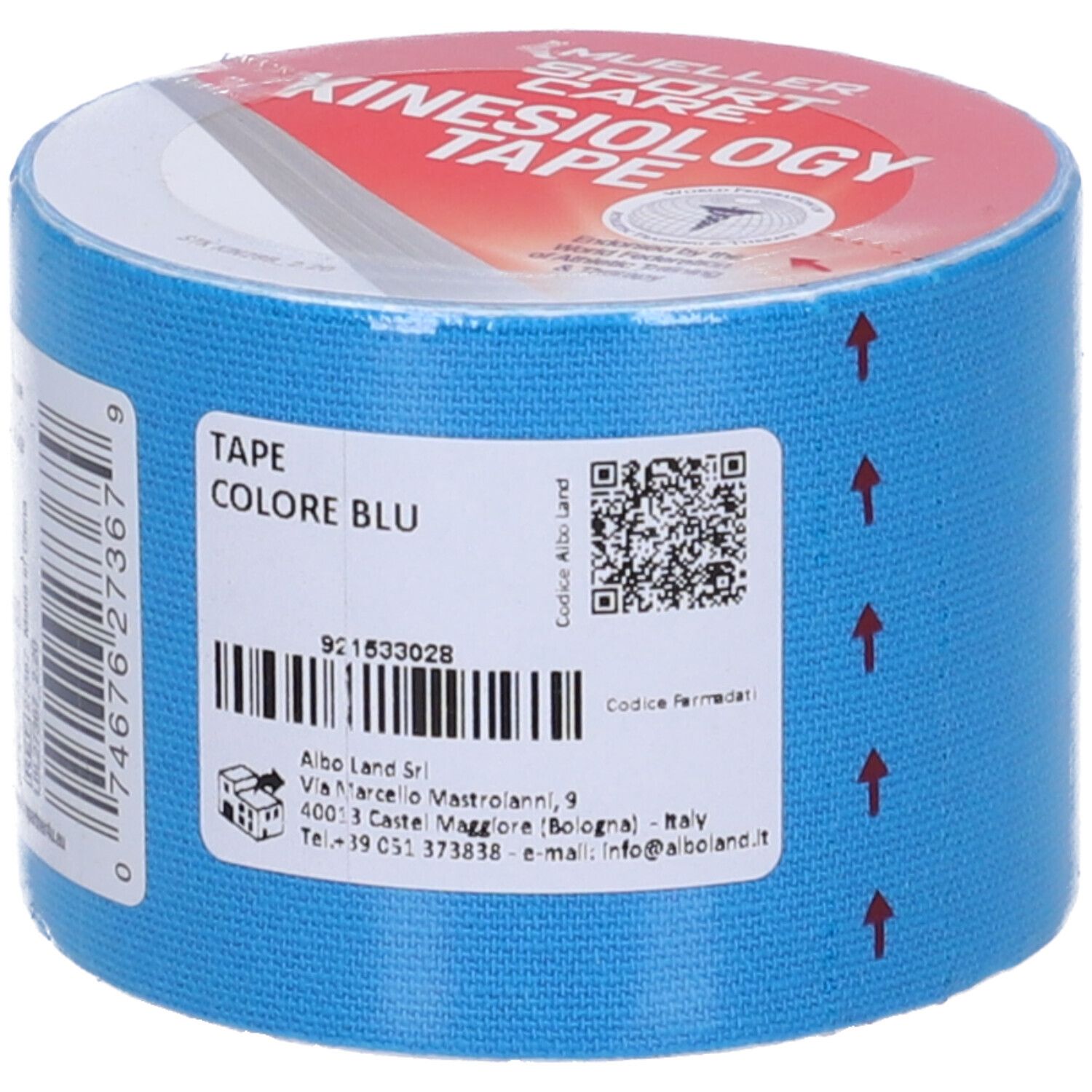 Rotolo di nastro kinesio blu. Stampa: Mueller Sport Care Kinesiology Tape. Etichetta con informazioni e codice a barre.