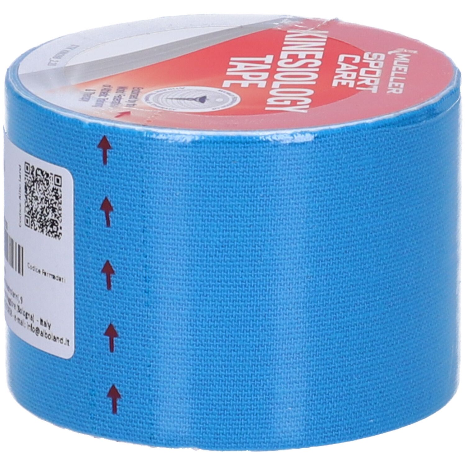 Rotolo di nastro kinesio blu. Stampa: Mueller Sport Care Kinesiology Tape. Frecce che indicano la direzione.