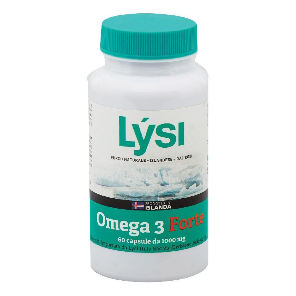 Flacone bianco, tappo verde. Scritta: Lysi, Omega 3 Forte, 60 capsule. Prodotto in Islanda.
