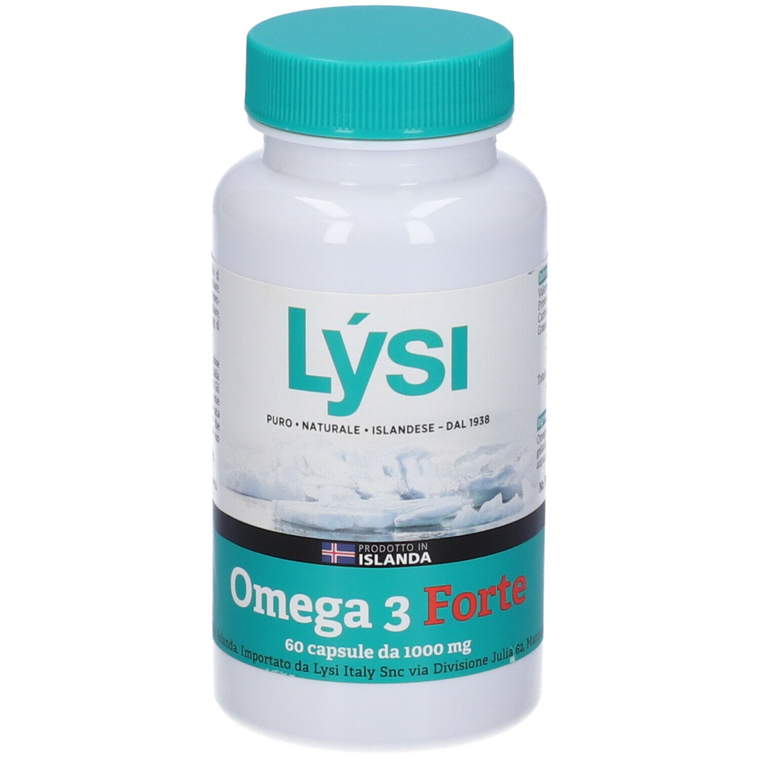 Flacone bianco, tappo verde. Scritta: Lysi, Omega 3 Forte, 60 capsule. Prodotto in Islanda.