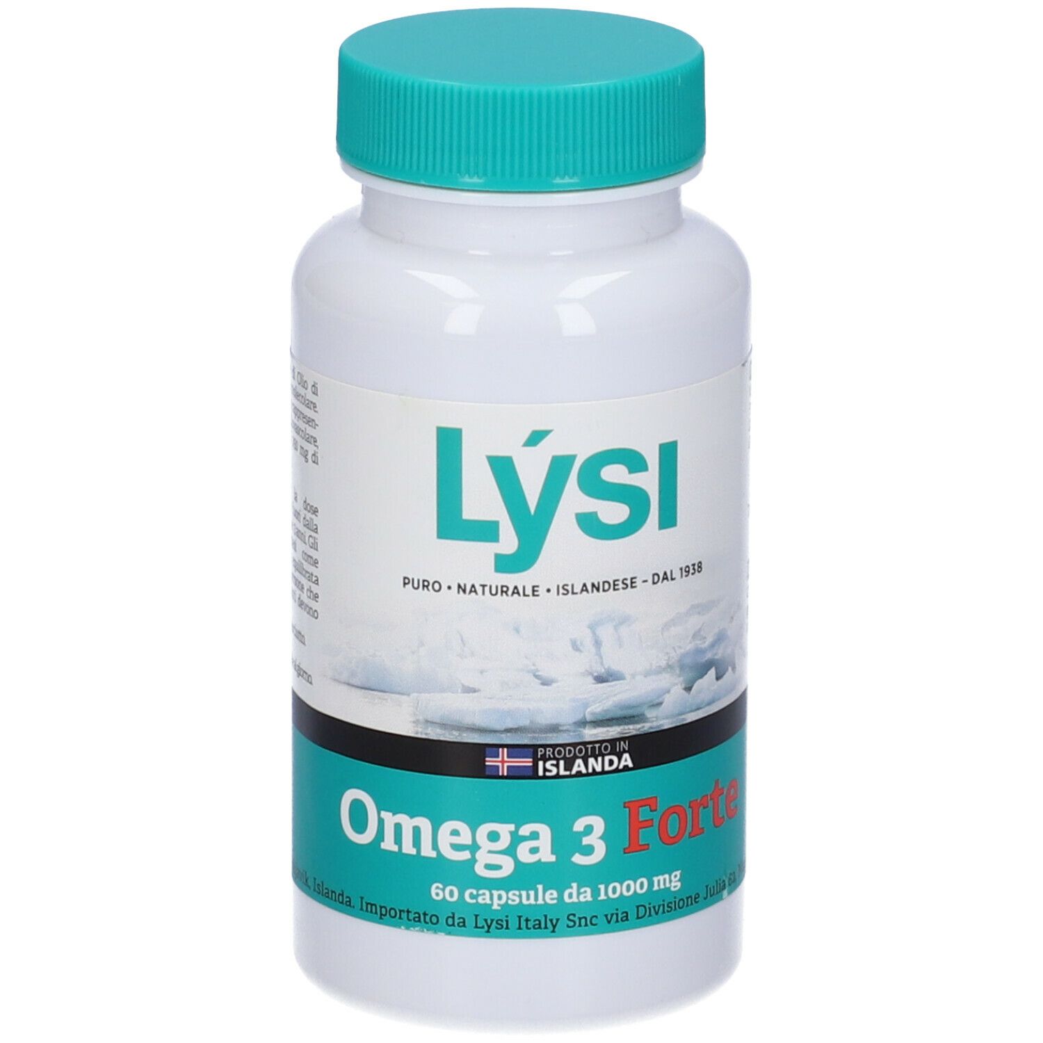 Flacone bianco, tappo verde. Scritta: Lysi, Omega 3 Forte, 60 capsule. Prodotto in Islanda.