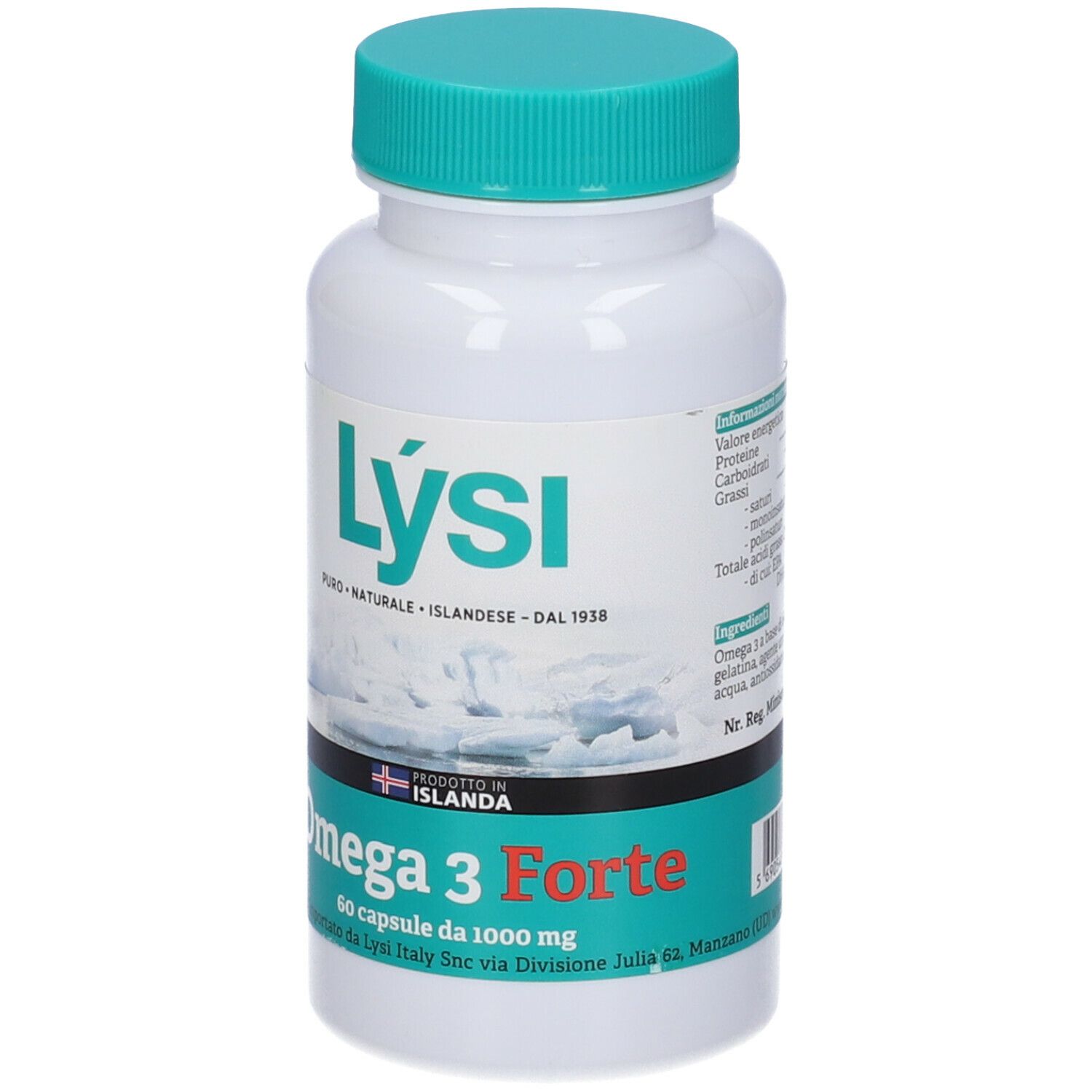 Flacone bianco, tappo verde. Scritta: Lysi, Omega 3 Forte, 60 capsule. Prodotto in Islanda.