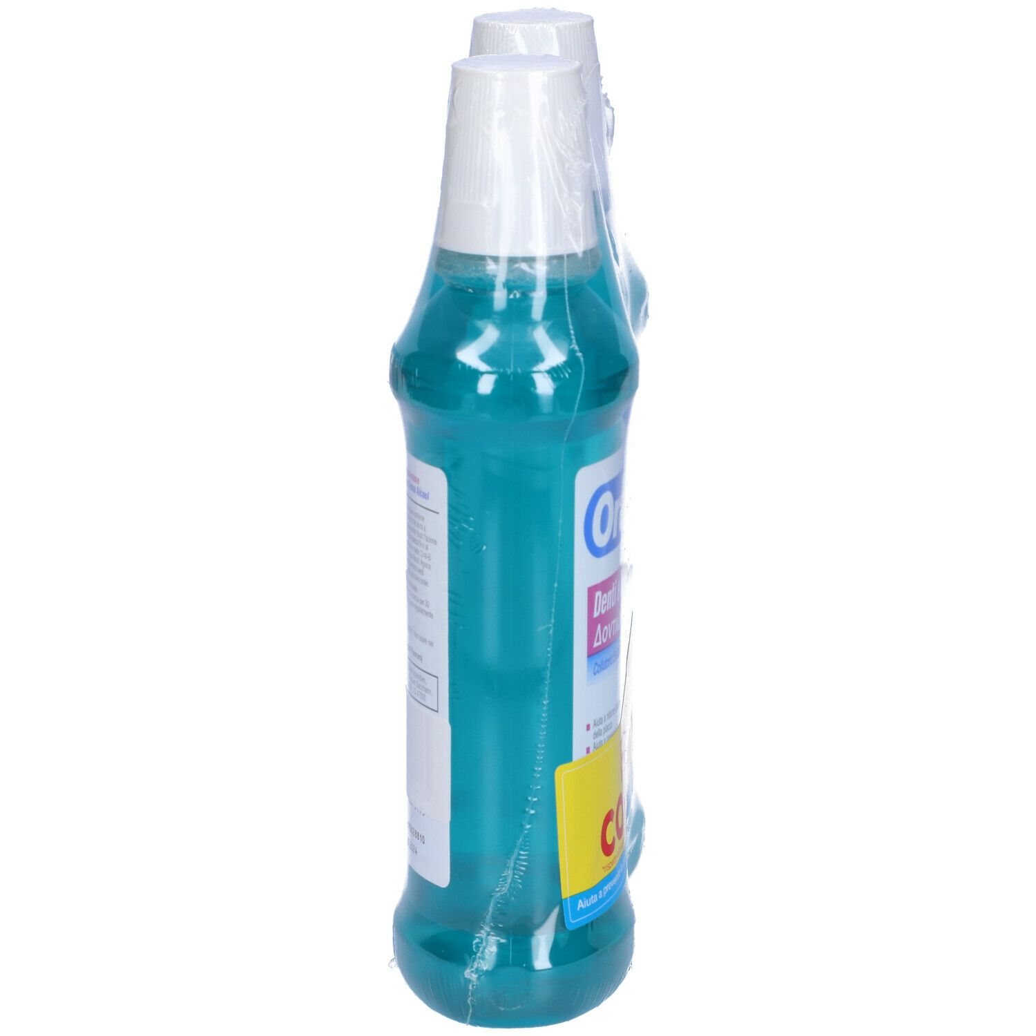 Deux flacons de bain de bouche, vue latérale, emballés. Logo Oral-B et nom du produit.
