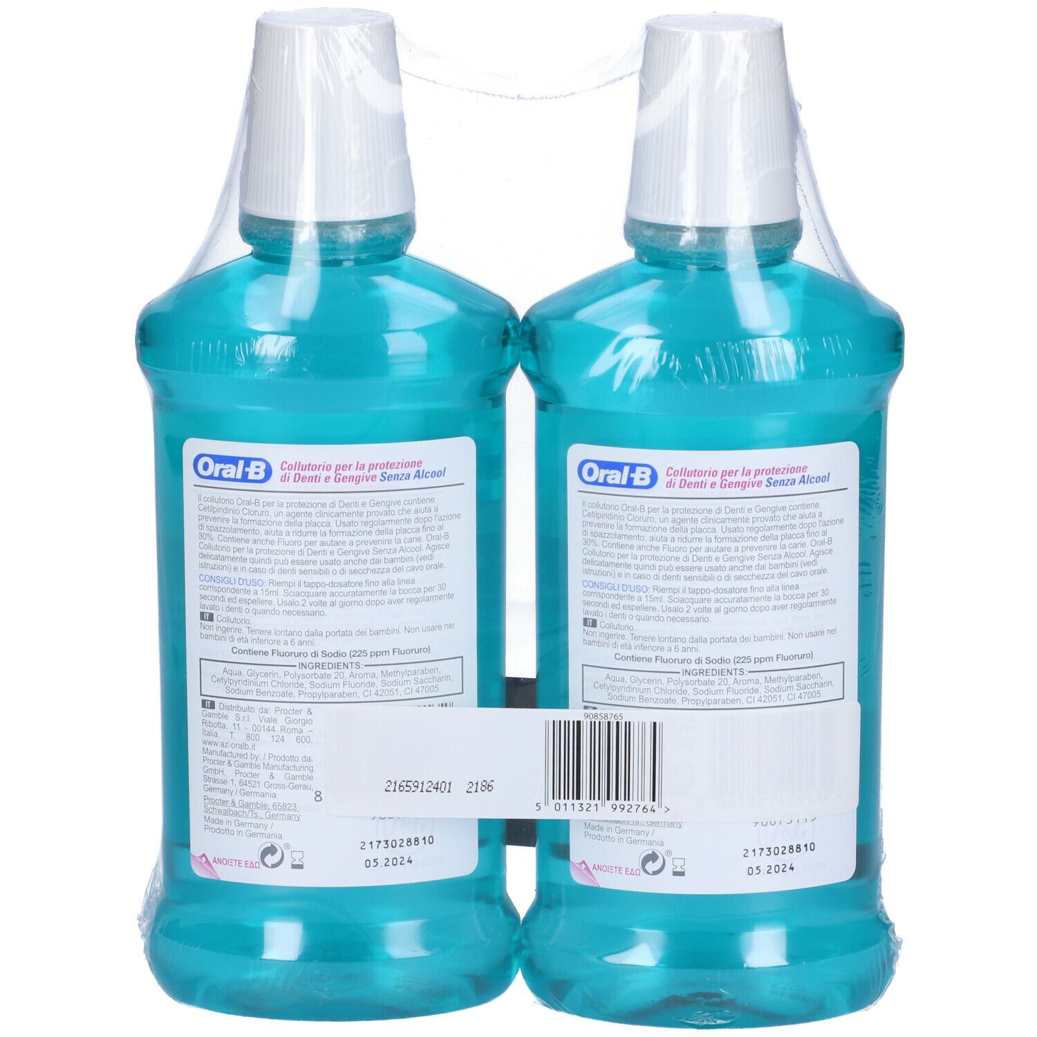 Deux flacons de bain de bouche emballés. Vue arrière. Logo Oral-B et nom du produit. Texte.