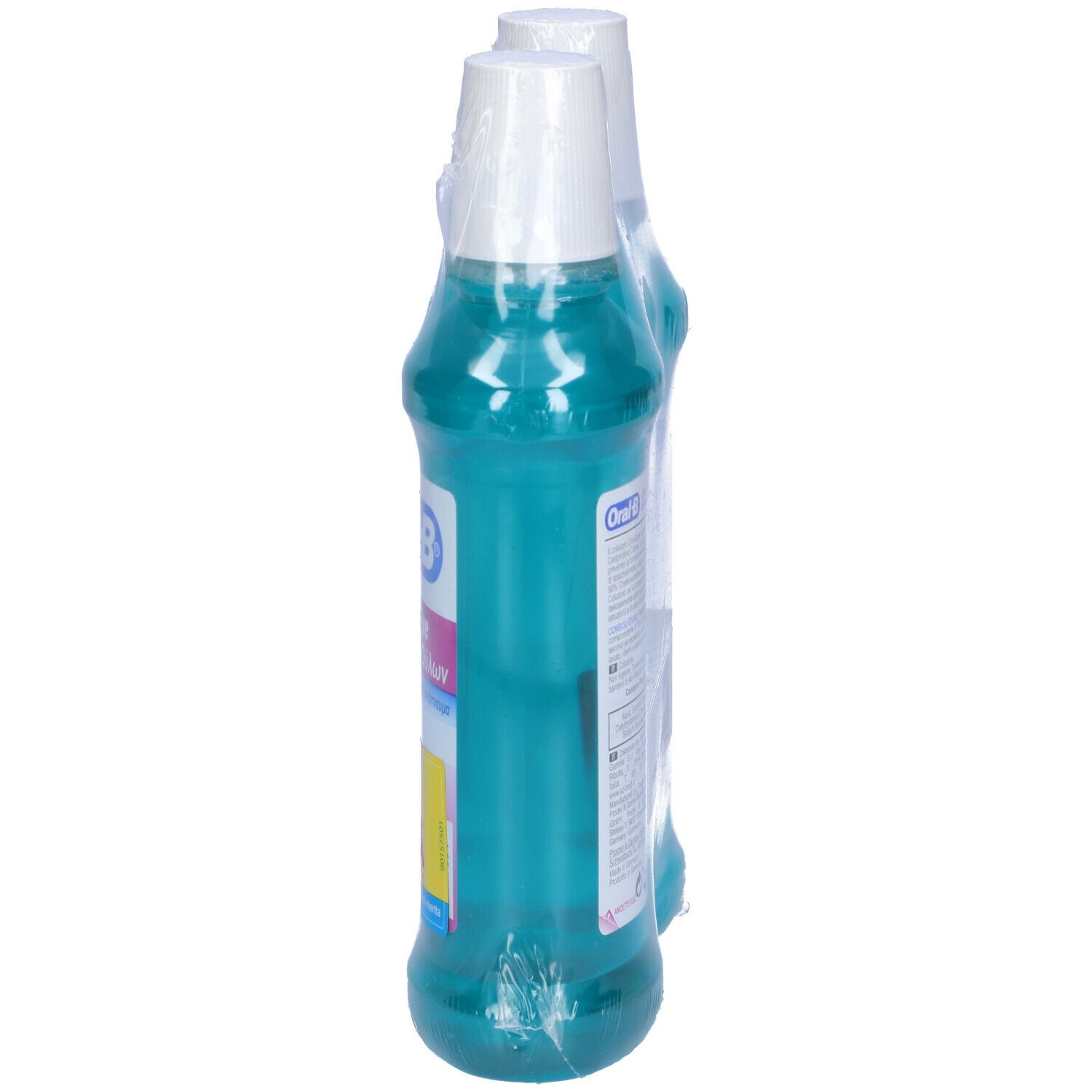 Deux flacons de bain de bouche, vue latérale, emballés. Logo Oral-B et nom du produit.