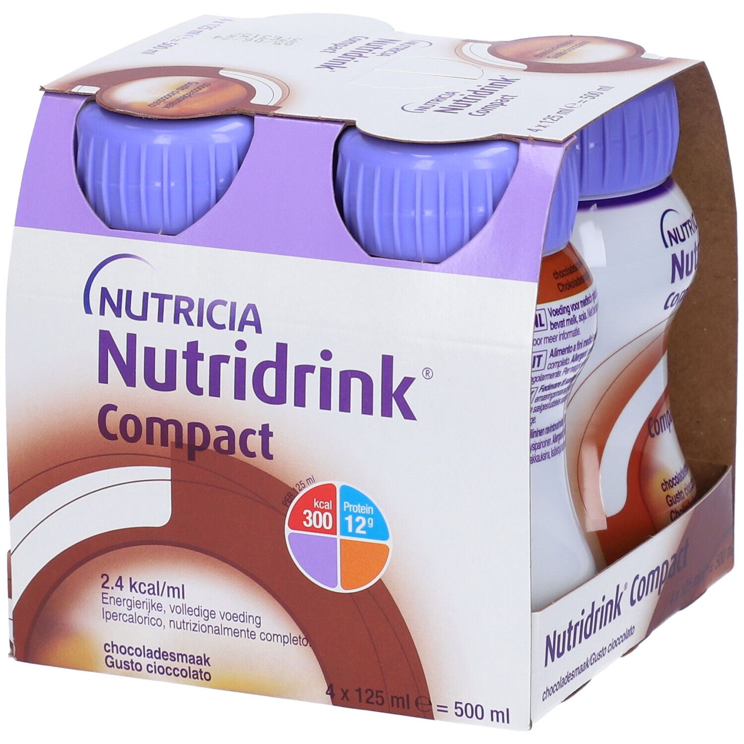 Confezione da quattro bottiglie Nutridrink Compact Cioccolato. Tappi viola, etichetta bianca con logo e informazioni nutrizionali.