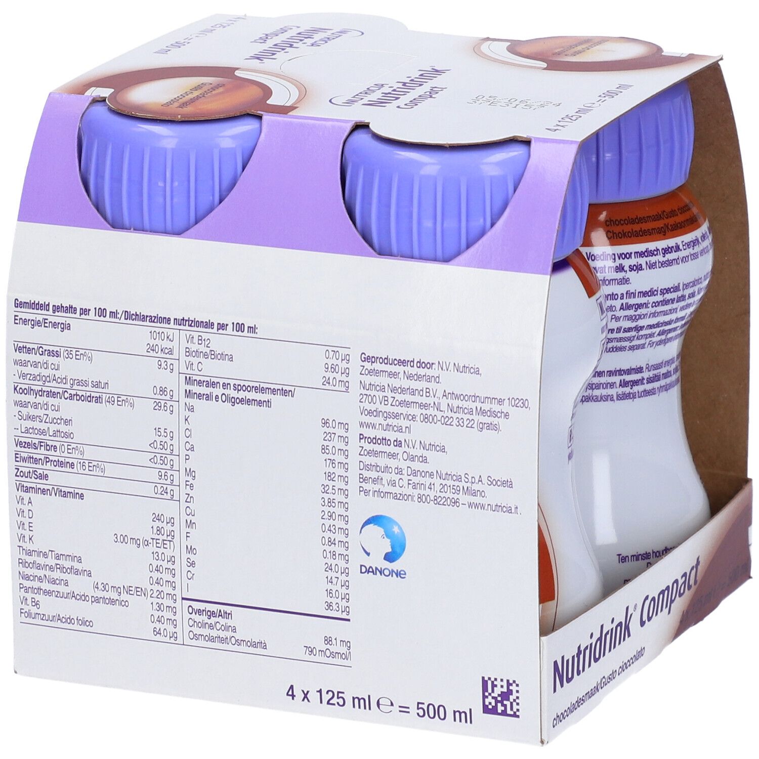 Retro della confezione da quattro bottiglie Nutridrink Compact. Contiene informazioni nutrizionali, ingredienti e informazioni produttore.