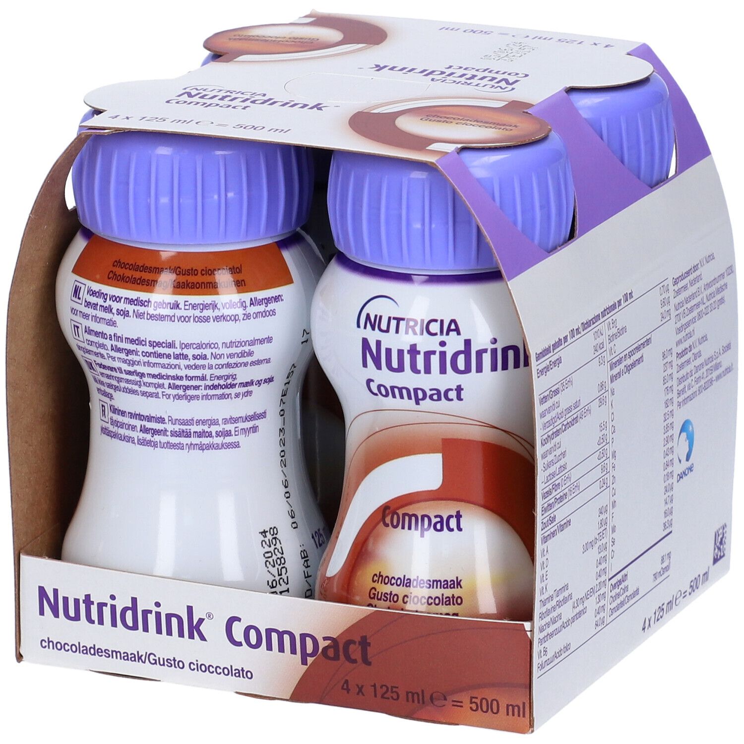 Confezione da quattro bottiglie Nutridrink Compact Cioccolato. Tappi viola, etichetta bianca con logo e testo. Imballaggio in cartone.