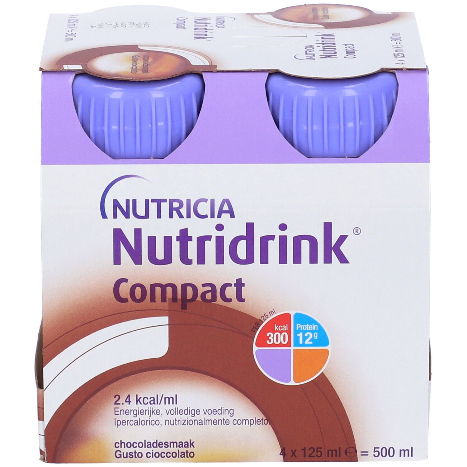 Confezione da quattro bottiglie Nutridrink Compact Cioccolato. Tappi viola, etichetta bianca con logo e informazioni nutrizionali.