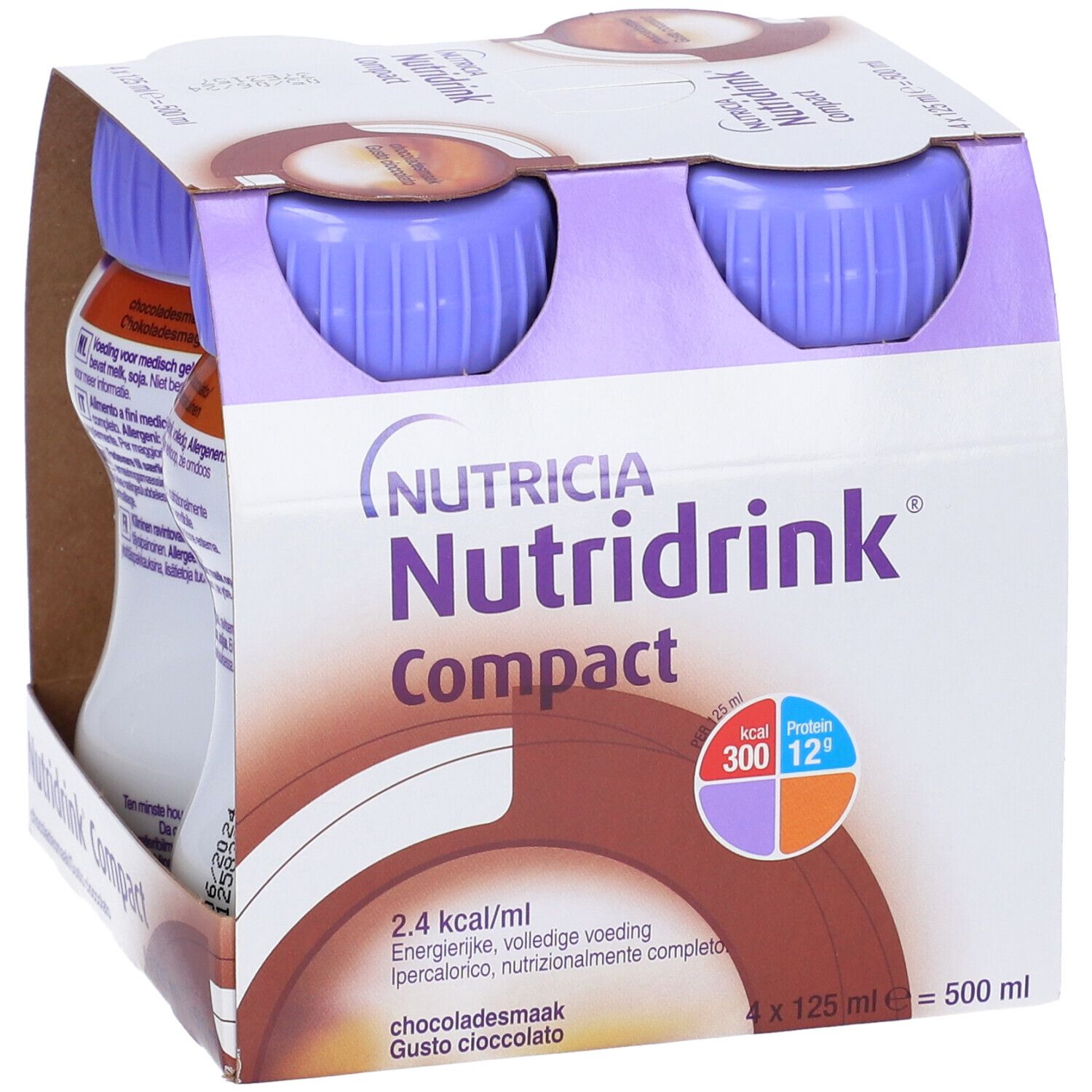 Confezione da quattro bottiglie Nutridrink Compact Cioccolato. Tappi viola, etichetta bianca con logo e informazioni nutrizionali.