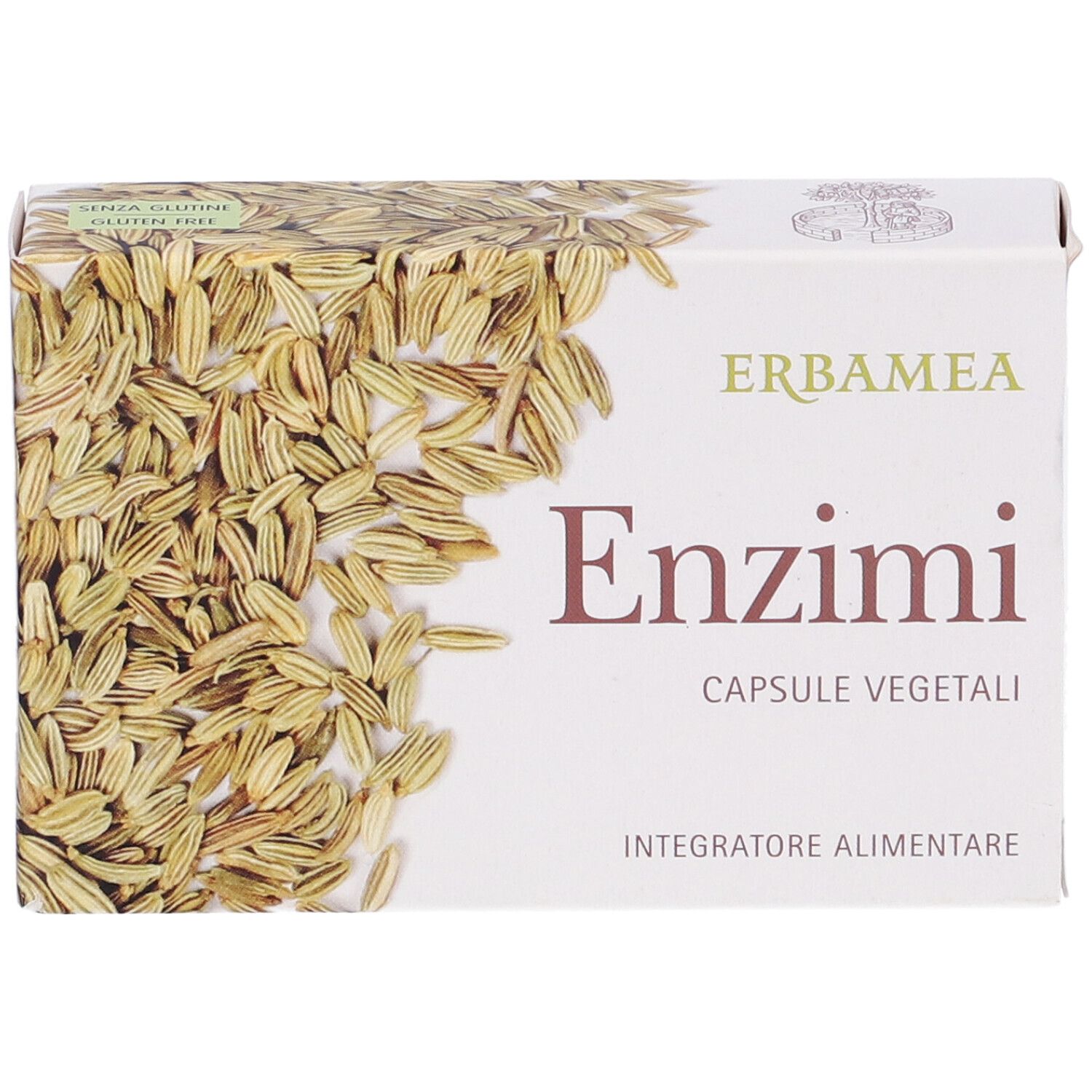 Weiße Schachtel mit Produktnamen und Fenchel-Dekor. Text: Erbamea, Enzimi, Capsule Vegetali.