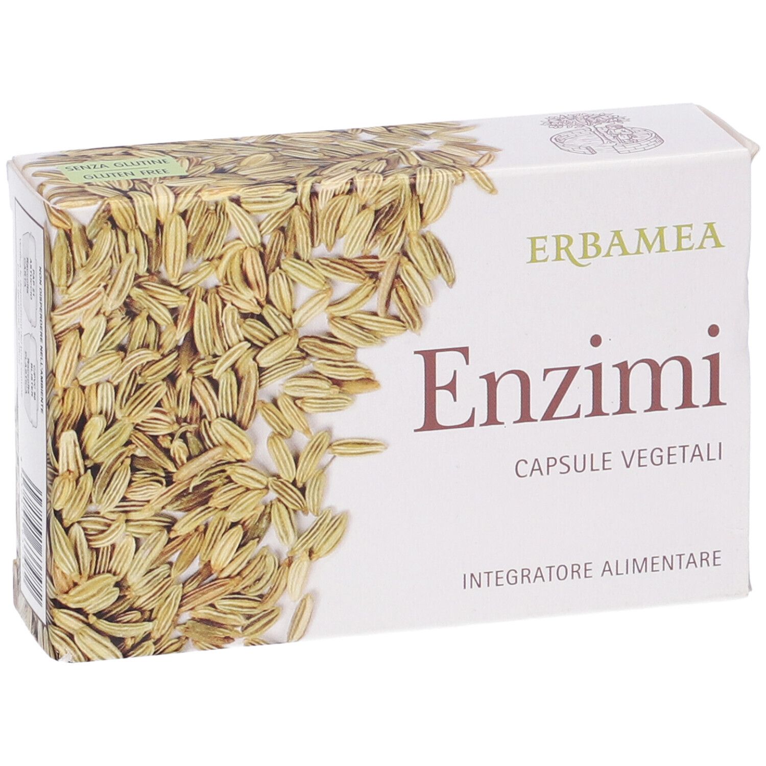Weiße Schachtel mit Produktnamen und Fenchel-Dekor. Text: Erbamea, Enzimi, Capsule Vegetali.