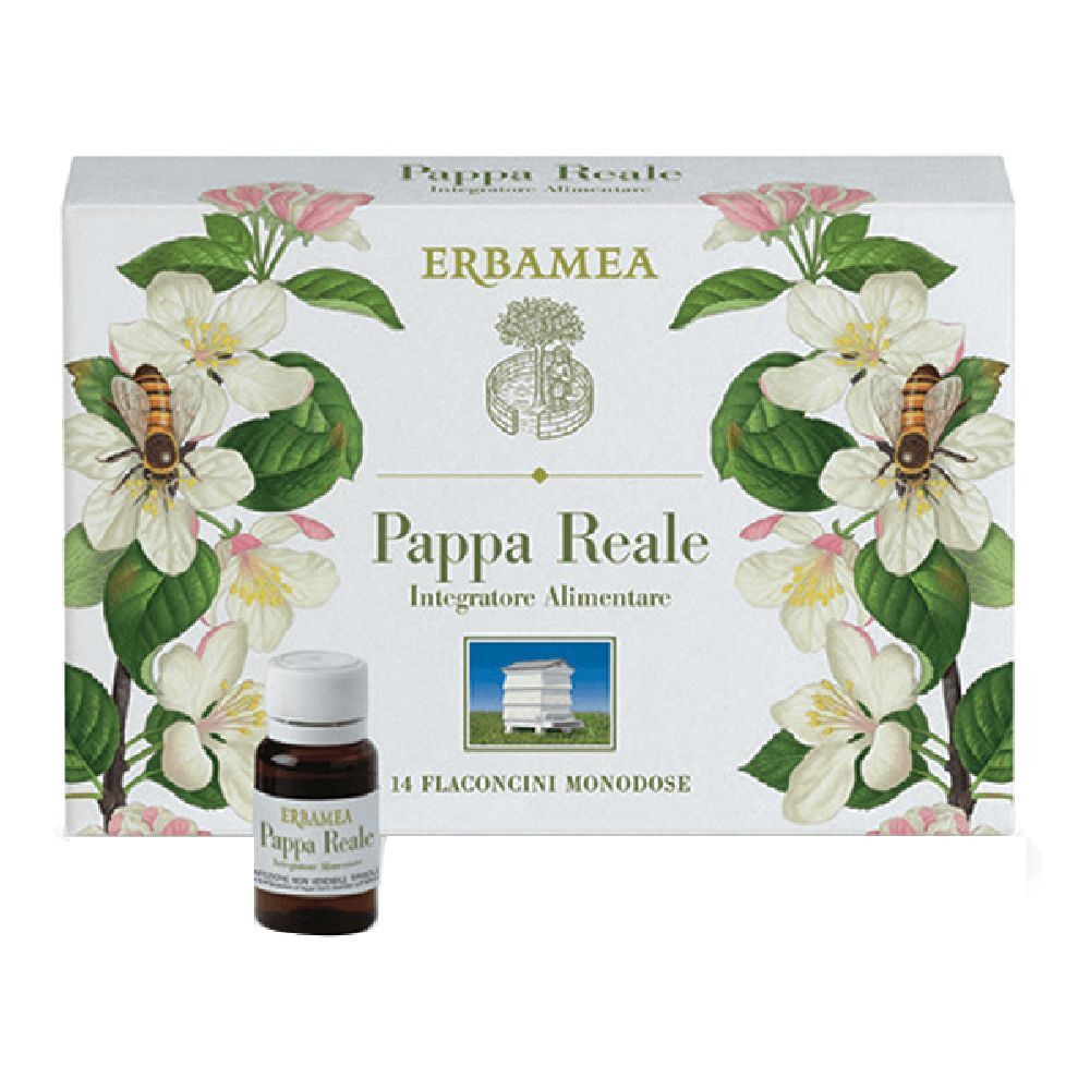 Scatola con design floreale e nome del prodotto. Una bottiglia è accanto. Testo: Pappa Reale, 14 Flaconcini Monodose.