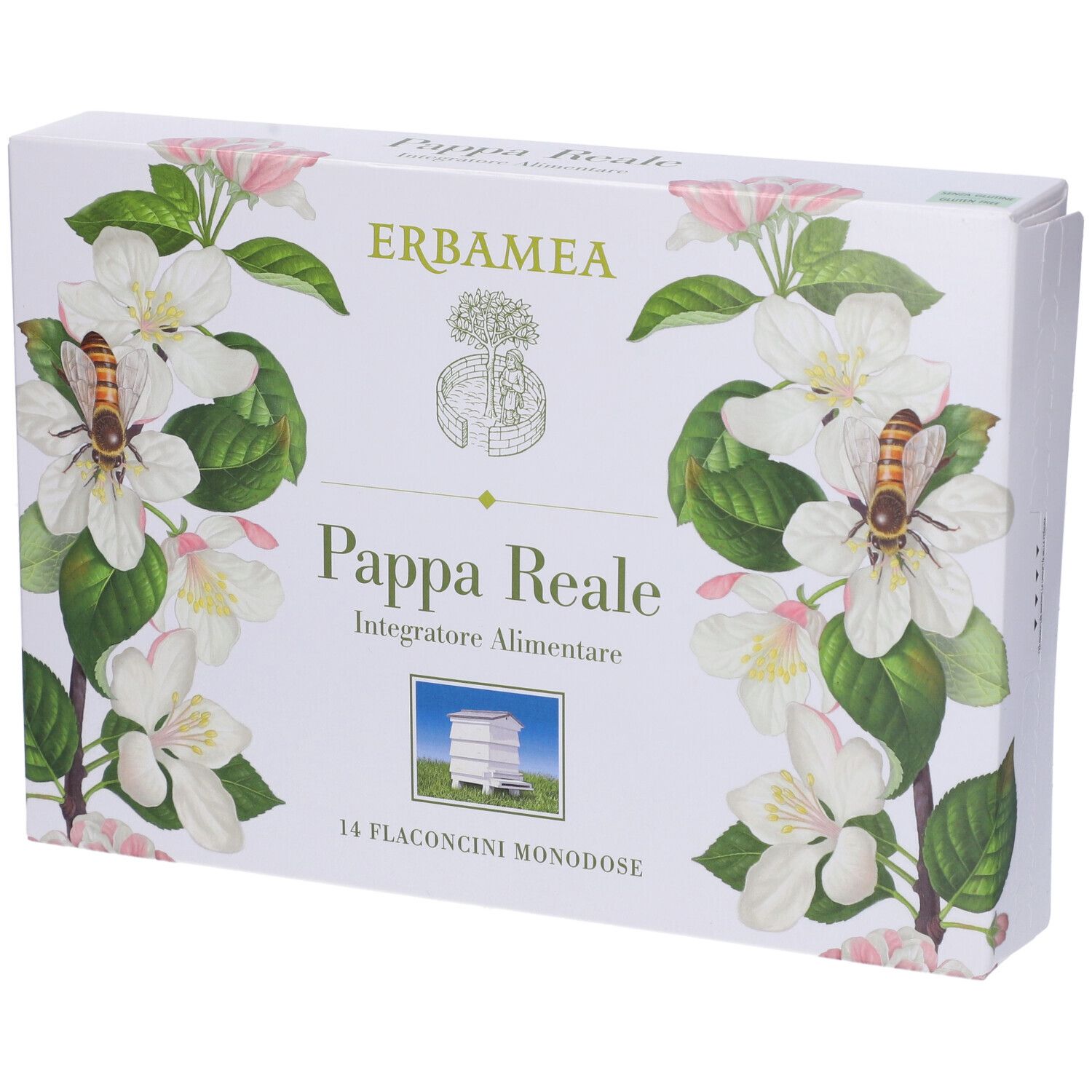 Scatola con design floreale e nome del prodotto. Testo: Pappa Reale, 14 Flaconcini Monodose.
