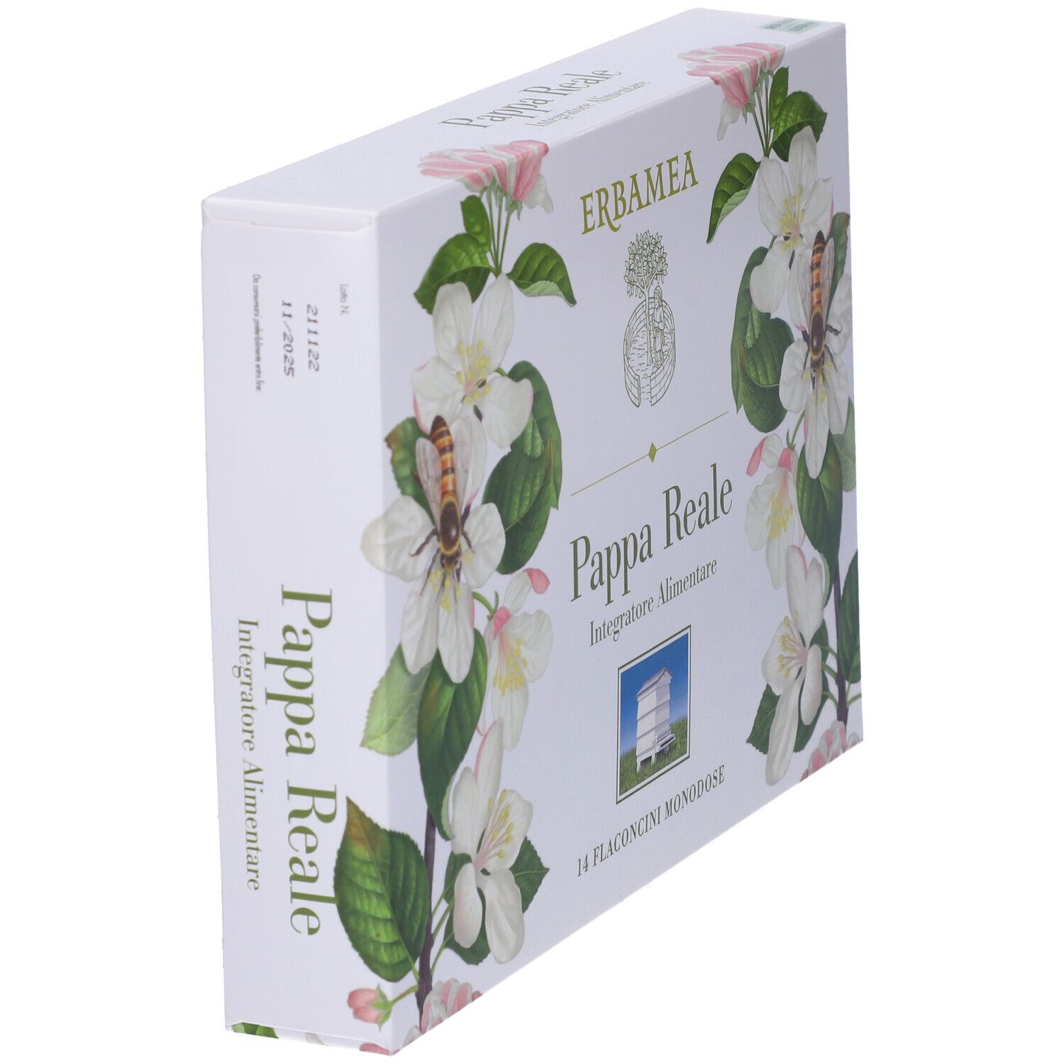 Scatola con design floreale e nome del prodotto. Testo: Pappa Reale, 14 Flaconcini Monodose.