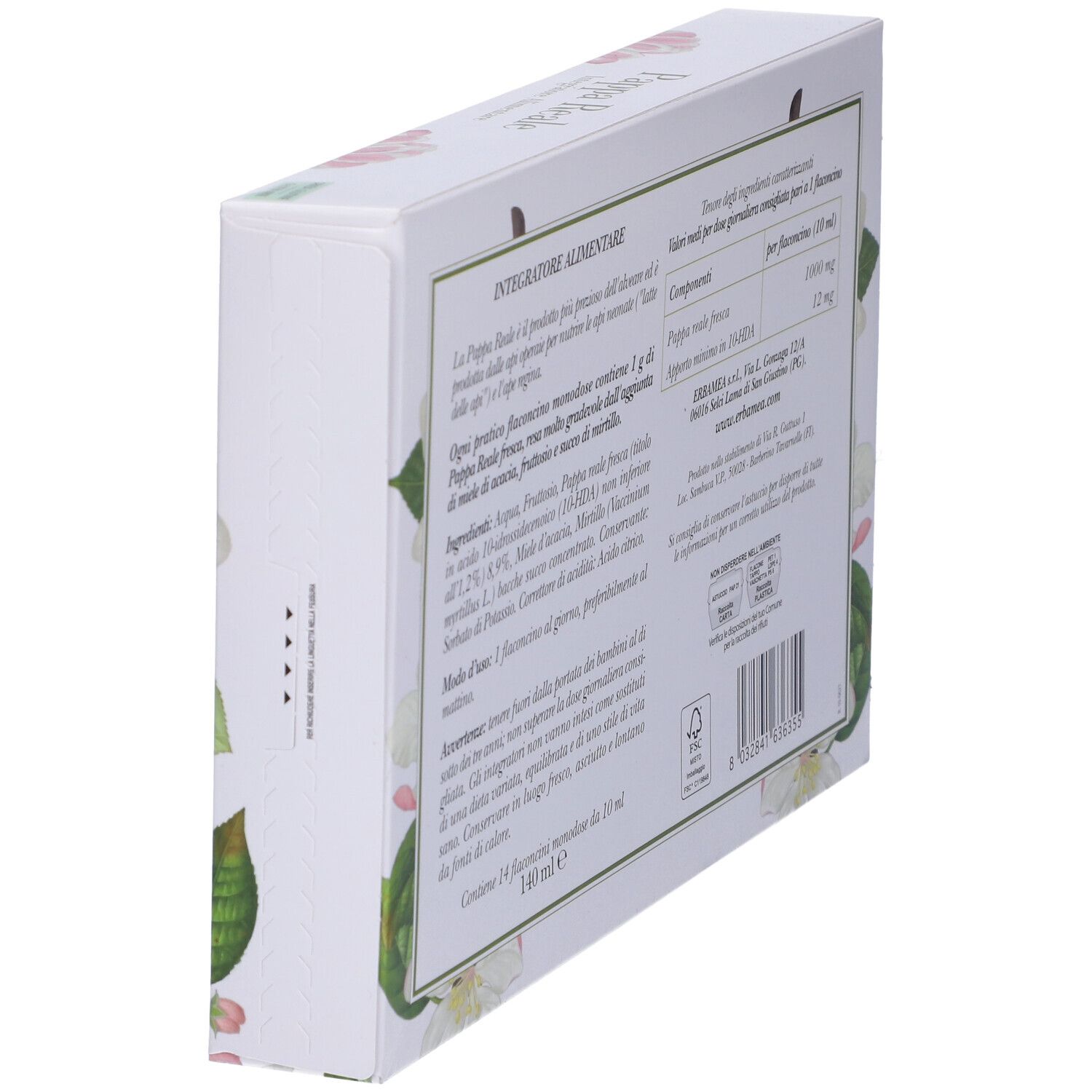 Retro della scatola con informazioni sul prodotto e ingredienti. Testo: Pappa Reale, 14 Flaconcini Monodose.