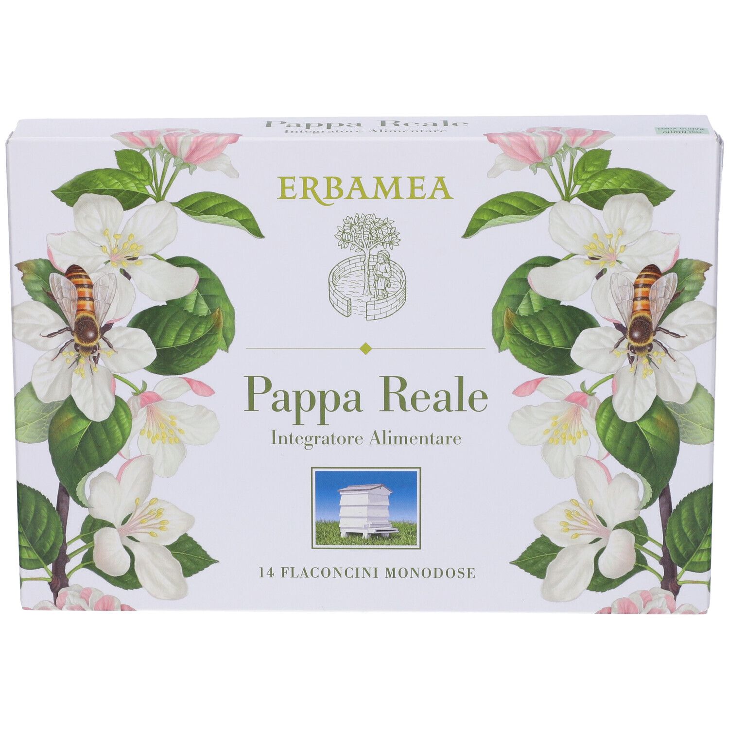 Scatola con design floreale e nome del prodotto. Testo: Pappa Reale, 14 Flaconcini Monodose.