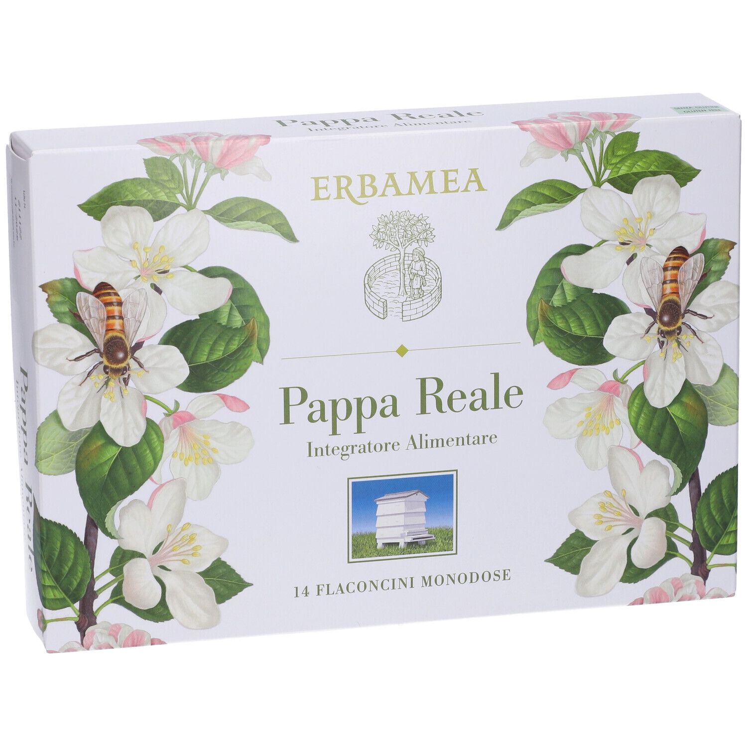Scatola con design floreale e nome del prodotto. Testo: Pappa Reale, 14 Flaconcini Monodose.