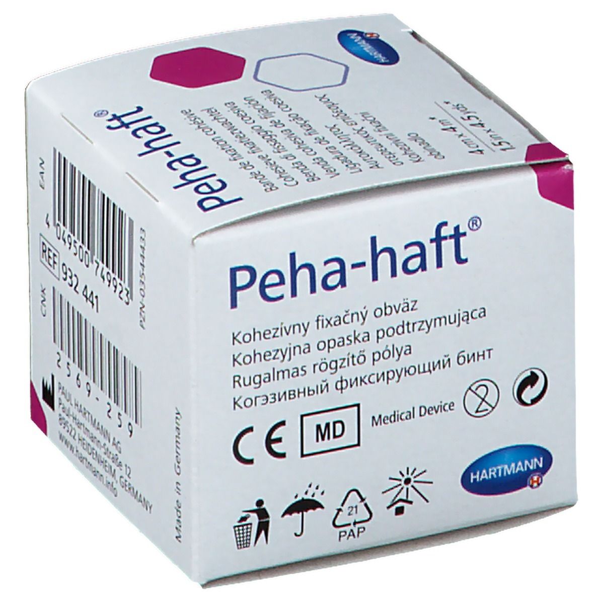 Scatola con informazioni sul prodotto, logo e simboli medici. Scritta: Peha-haft, Hartmann.