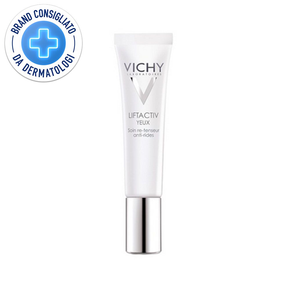 Tubo bianco con tappo argentato. Scritta: Vichy, Liftactiv Yeux. Sigillo: Brand Consigliato da Dermatologi.