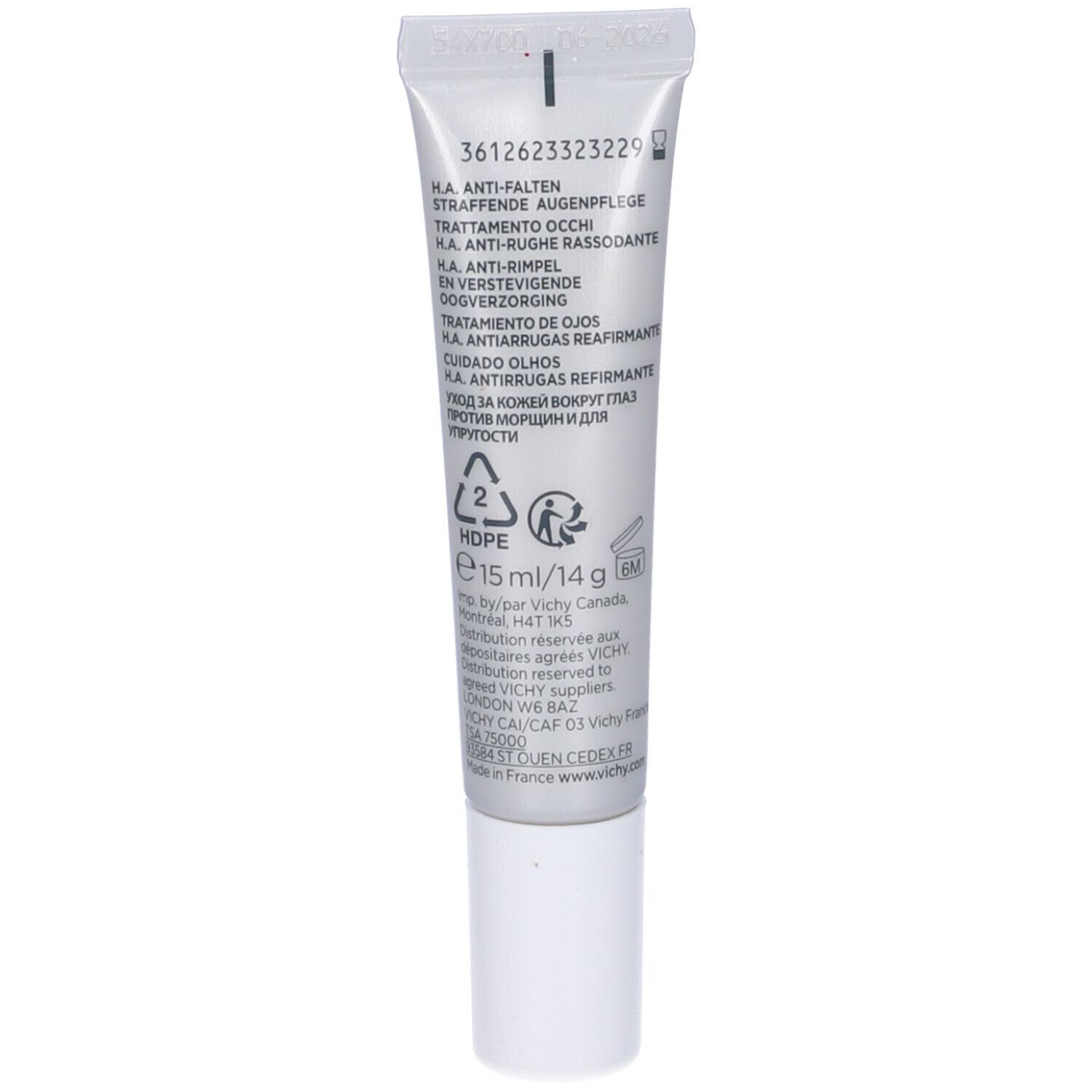 Tubo grigio-bianco con tappo bianco. Scritta: 15 ml/14 g. Informazioni multilingue sul prodotto.