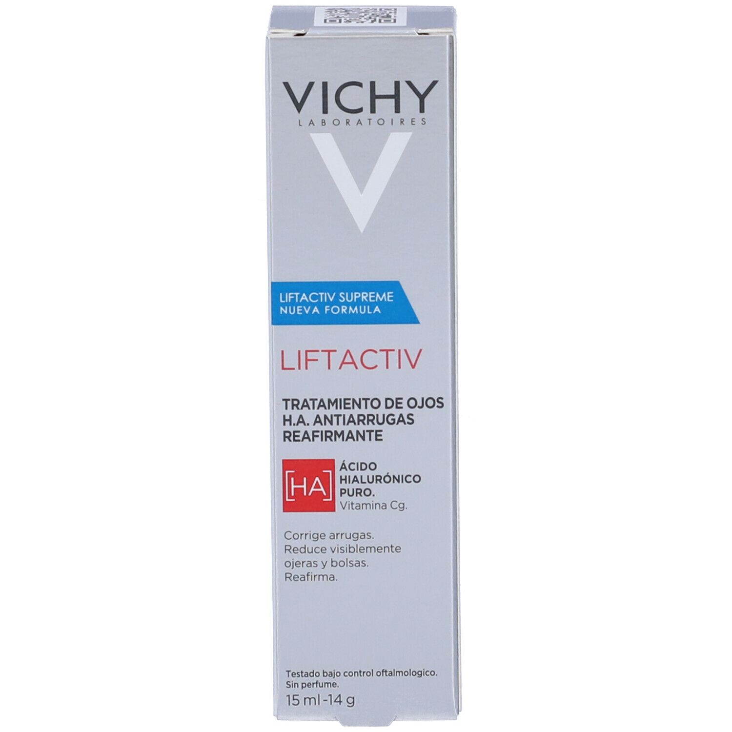 Confezione del prodotto. Scritta: Vichy Liftactiv Supreme. Trattamento occhi. 15 ml - 14 g.