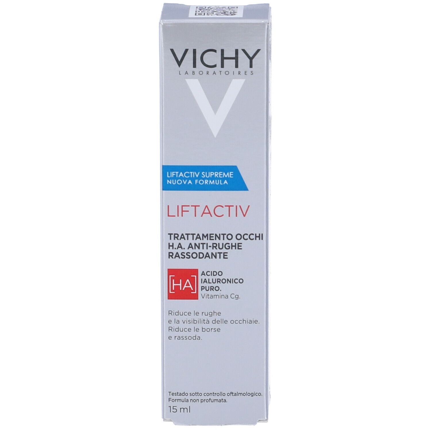 Confezione del prodotto. Scritta: Vichy Liftactiv Supreme. Trattamento occhi. 15 ml.