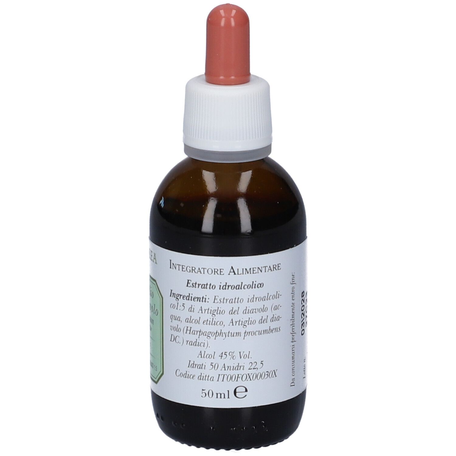 Flacone con etichetta indicante ingredienti e gradazione alcolica per Artiglio del Diavolo Estratto Idroalcolico.
