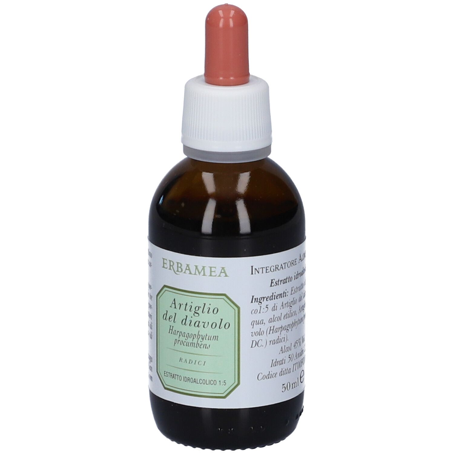 Flacone con etichetta indicante il nome Artiglio del Diavolo Estratto Idroalcolico e il marchio Erbamea.