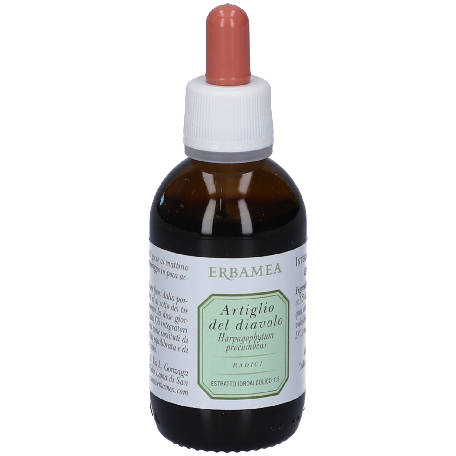 Flacone e scatola per Artiglio del Diavolo Estratto Idroalcolico di Erbamea, con illustrazioni botaniche.