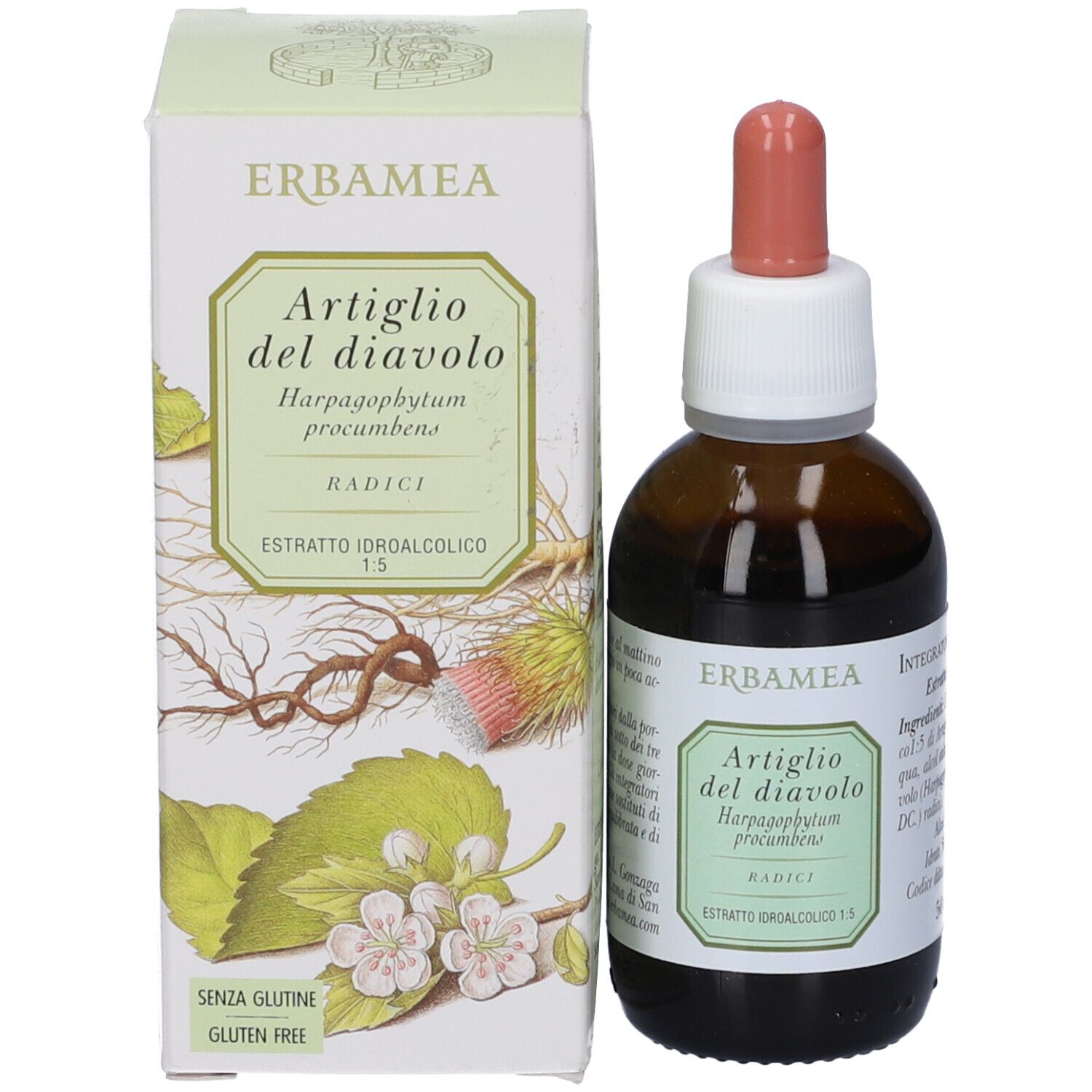 Flacone e scatola per Artiglio del Diavolo Estratto Idroalcolico. Scatola mostra Harpagophytum procumbens.