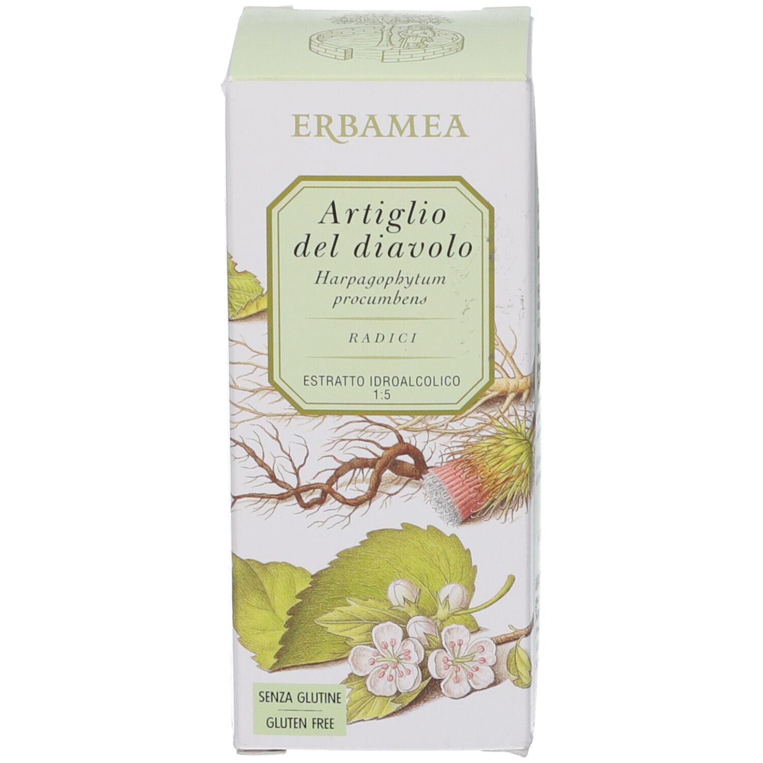 Scatola per Artiglio del Diavolo Estratto Idroalcolico, con illustrazioni botaniche e sigillo Senza Glutine.
