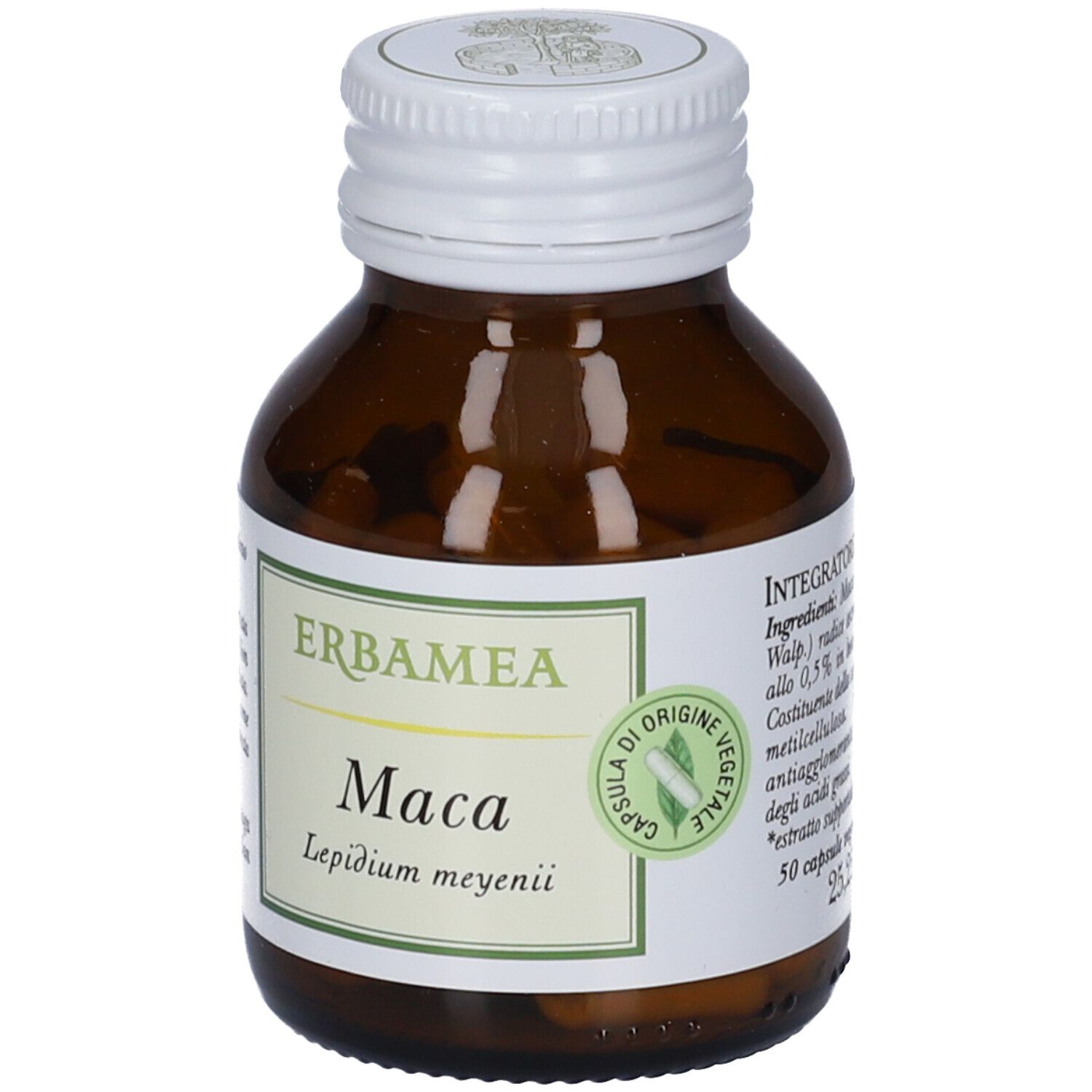 Braune Glasflasche mit weißen Deckel. Etikett mit Erbamea Maca-Kapseln. Vegan-Zertifizierung.