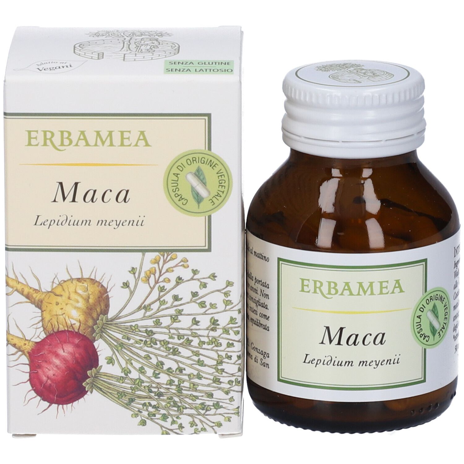 Braune Glasflasche mit weißen Deckel neben einer weißen Schachtel. Erbamea Maca-Kapseln. Vegan.