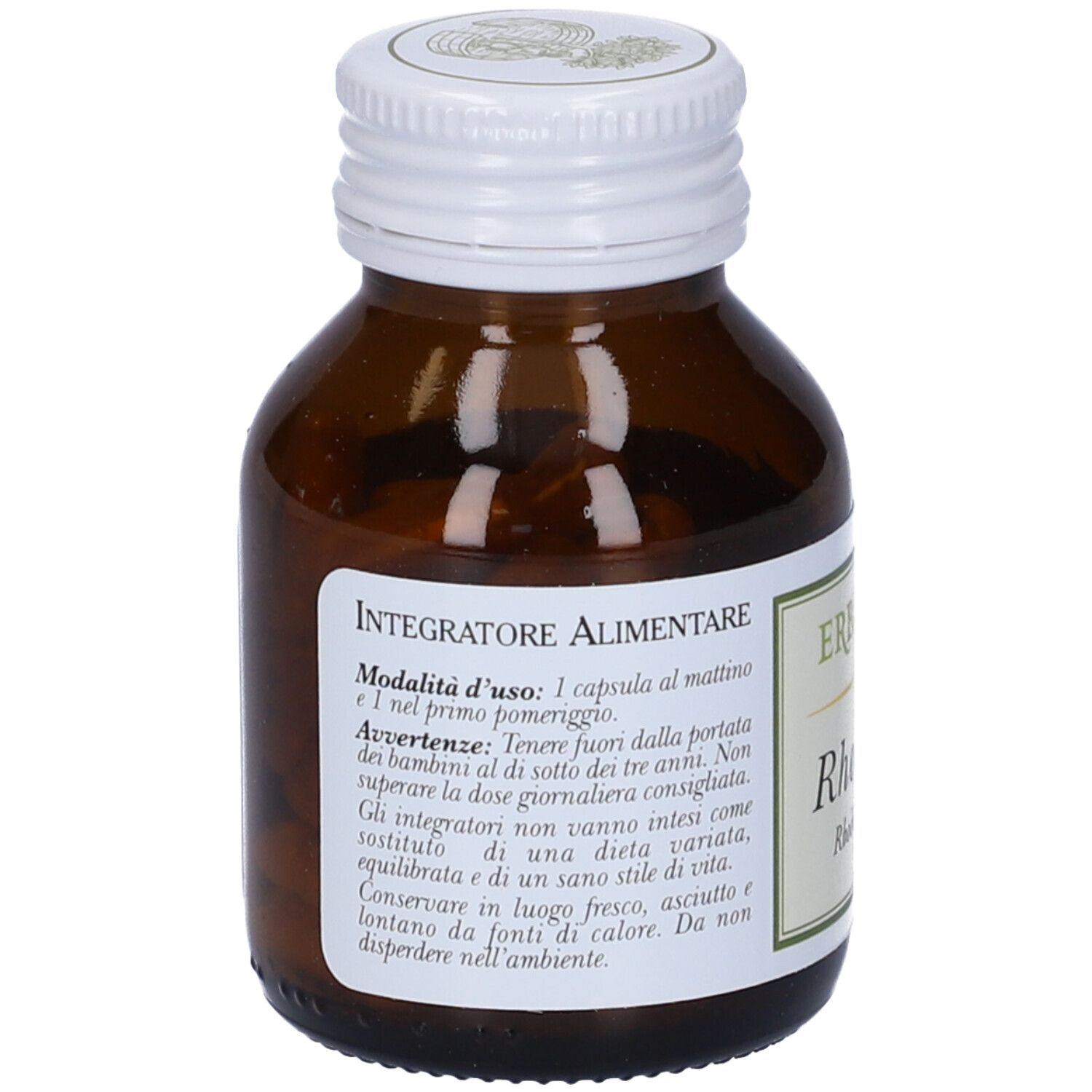 Braune Glasflasche mit weißem Deckel. Etikett mit Text: Integratore Alimentare. Gebrauchsanweisung.