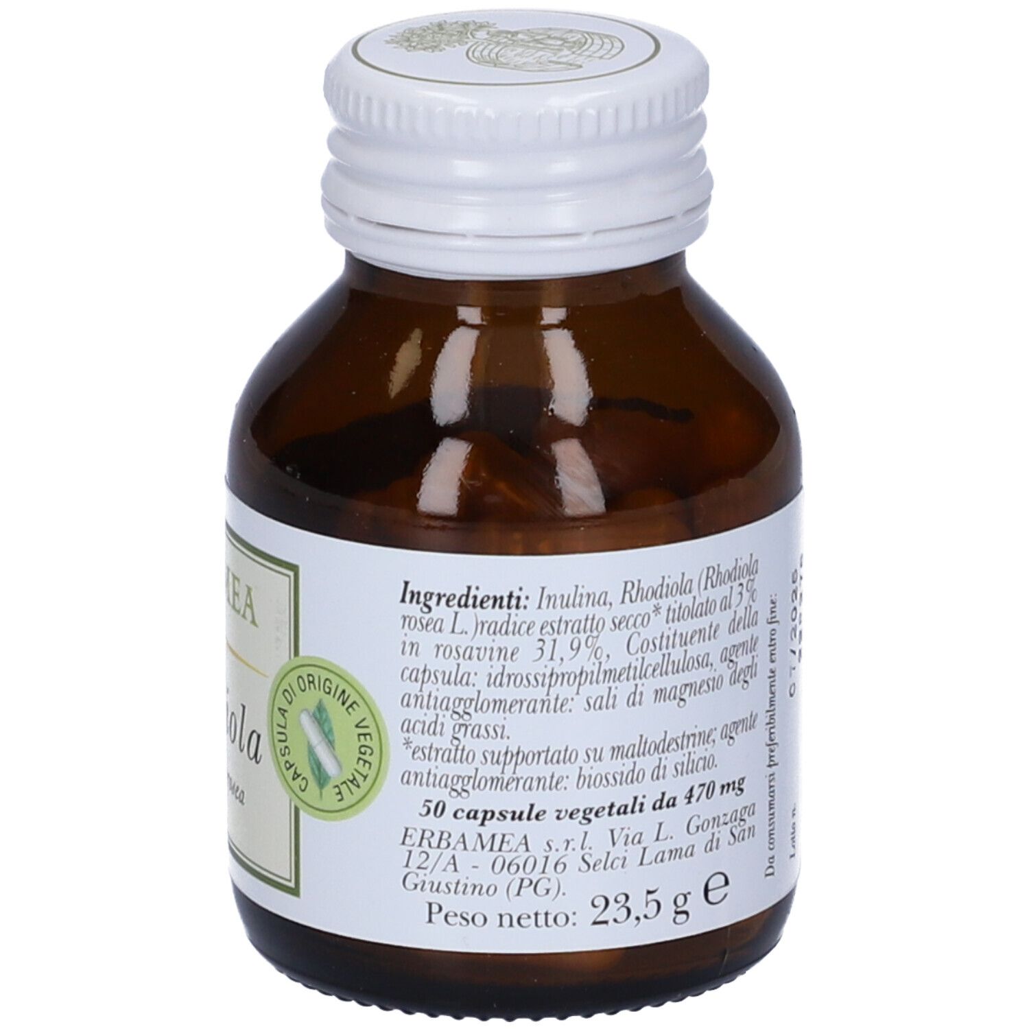 Braune Glasflasche mit weißem Deckel. Etikett mit Inhaltsstoffen: Inulina, Rhodiola rosea. 50 vegetarische Kapseln.
