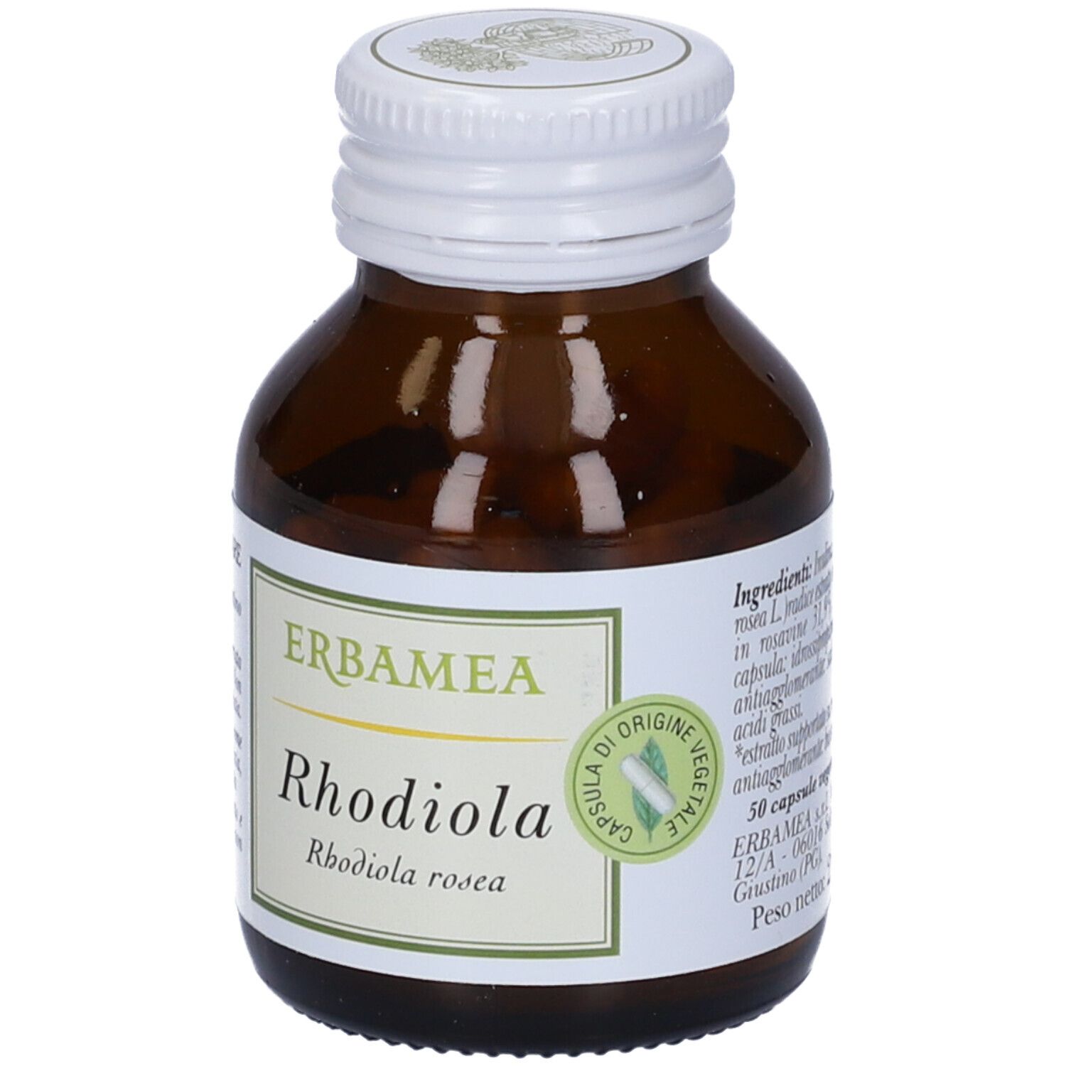 Braune Glasflasche mit weißem Deckel. Etikett mit Text: Erbamea Rhodiola, Rhodiola rosea. Kapsel-Symbol.