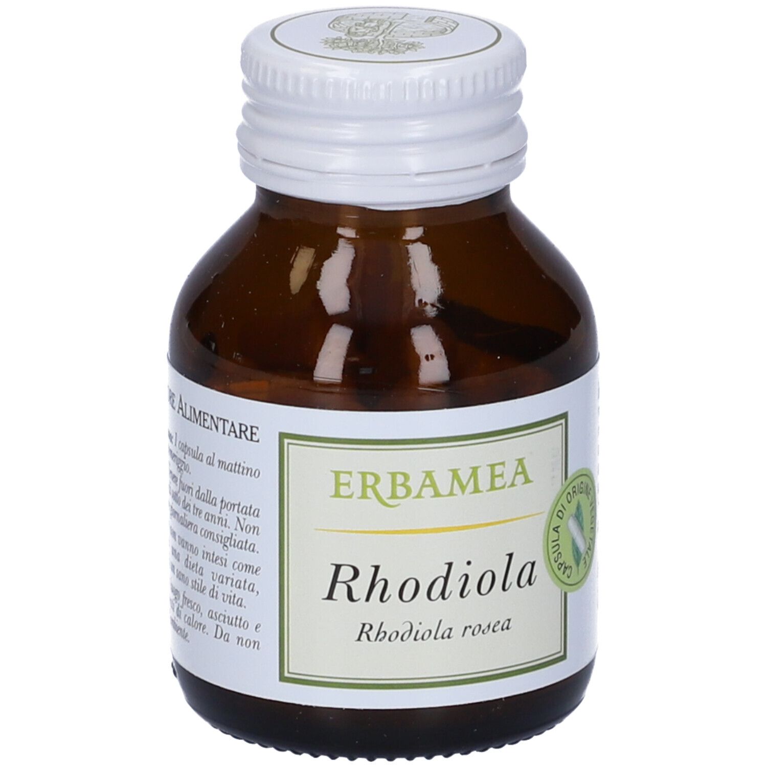 Braune Glasflasche mit weißem Deckel. Etikett mit Text: Erbamea Rhodiola, Rhodiola rosea. Kapsel-Symbol.