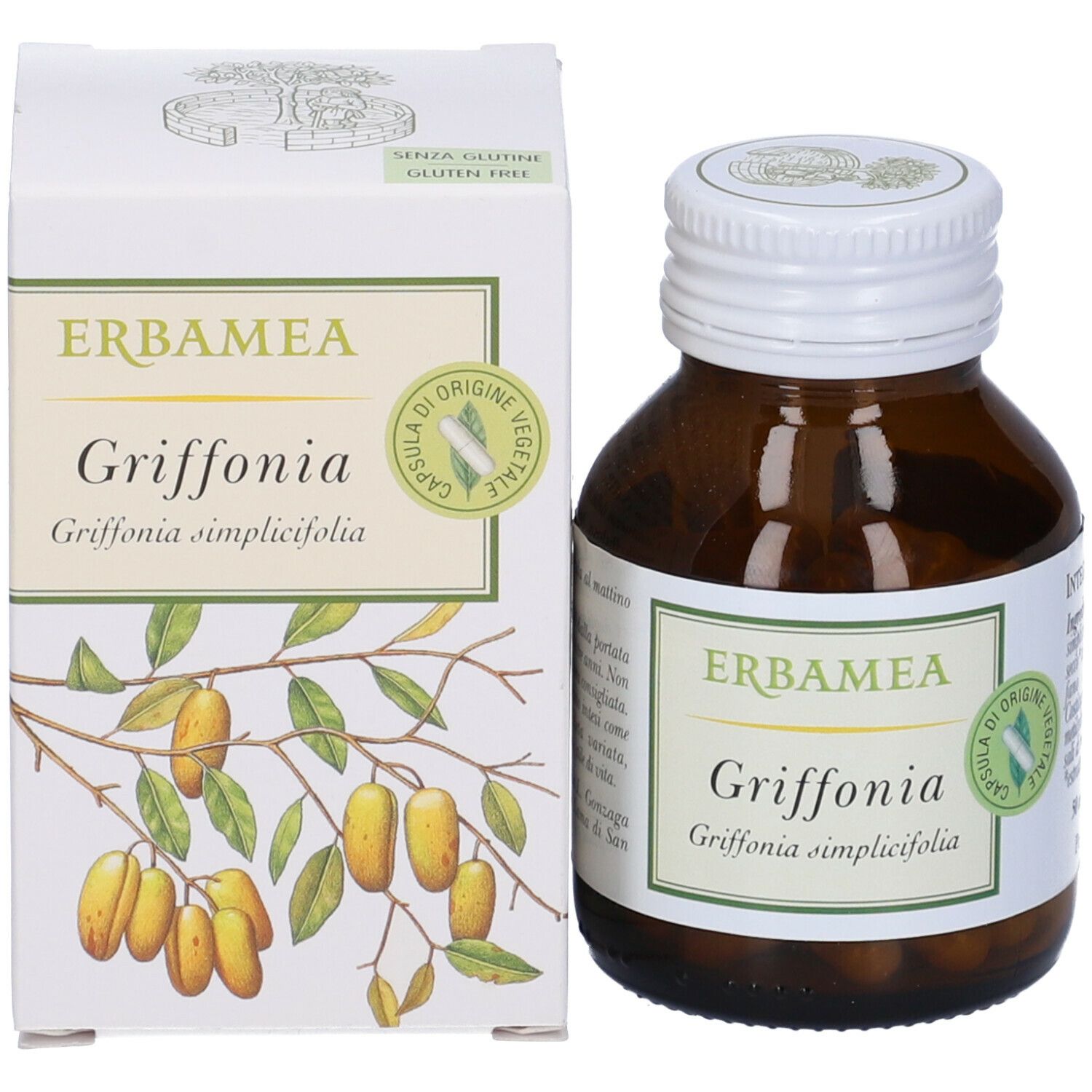 Erbamea Griffonia Flasche und Schachtel. Schachtel mit Produktabbildung und Schriftzug 'Senza glutine'.